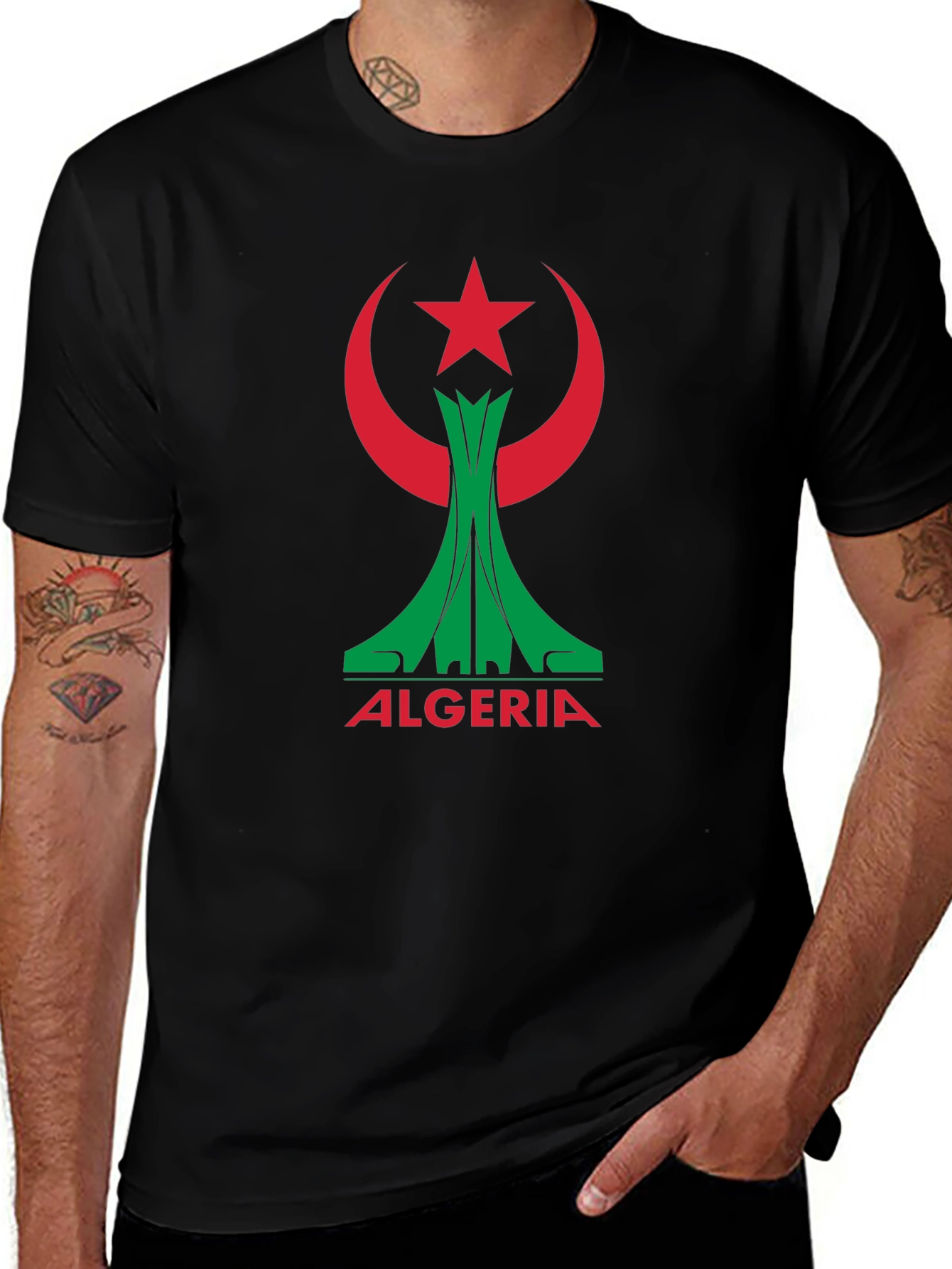 Algeria Flag Graphic Tee - Black Cotton T-Shirt