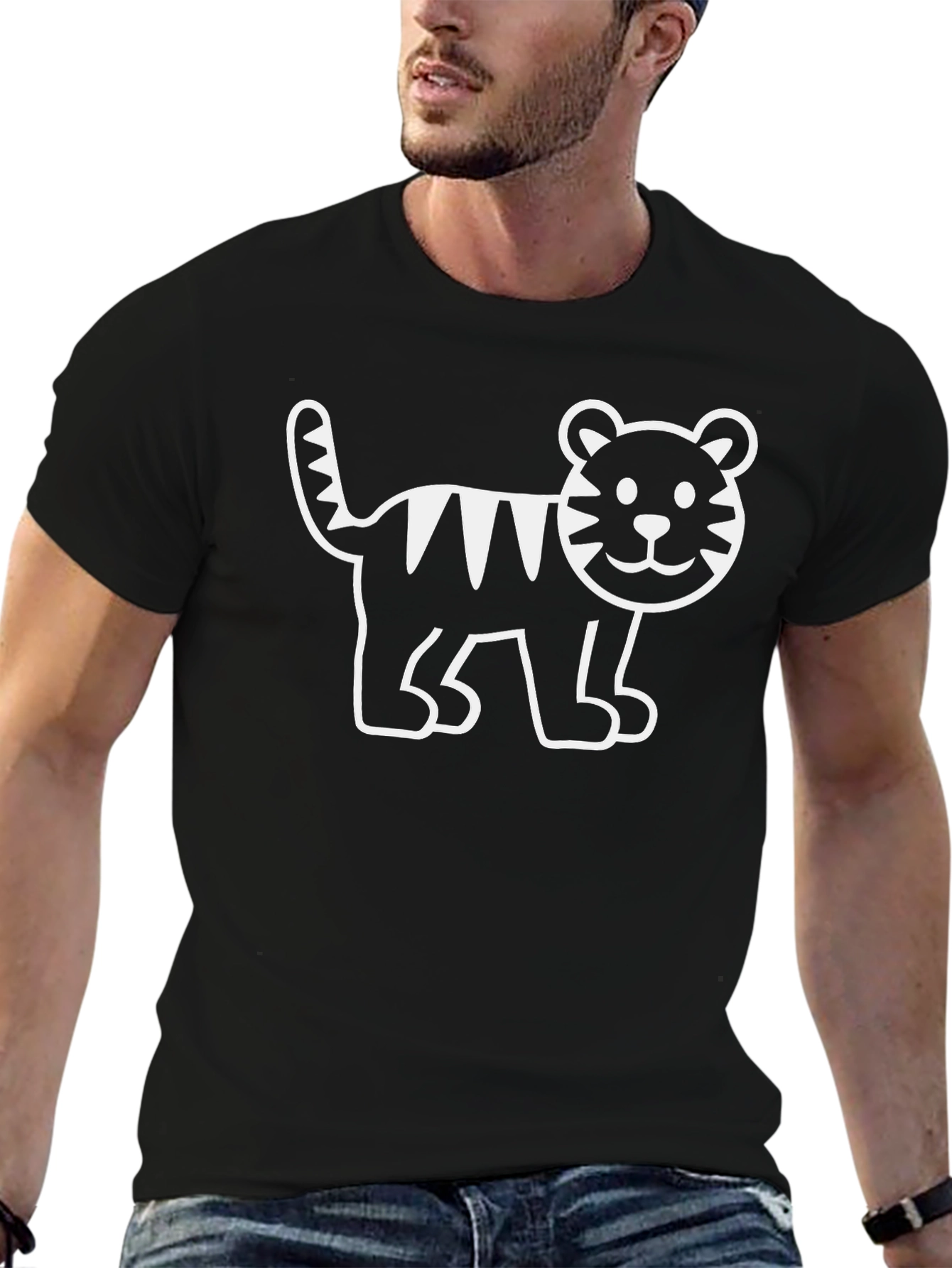 Cute Cartoon Tiger Graphic Black T-Shirt