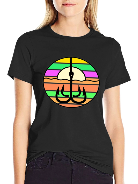 Fishing Hook Retro Sunset Graphic Tee - Black