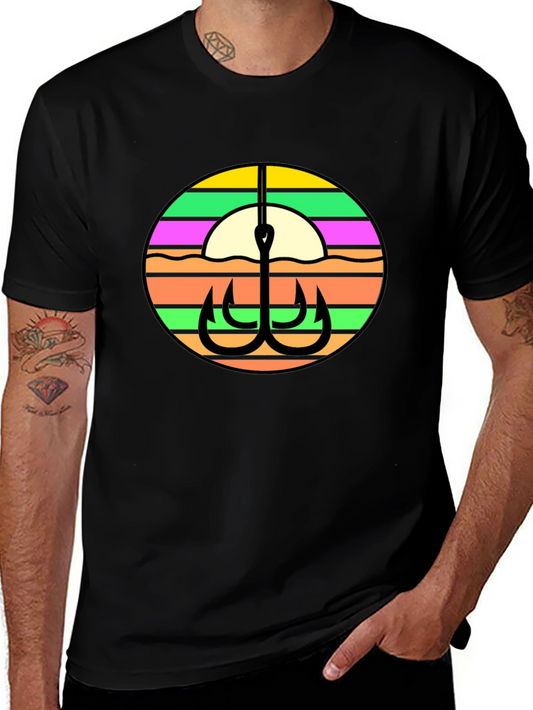 Fishing Hook Retro Sunset Graphic Tee - Black