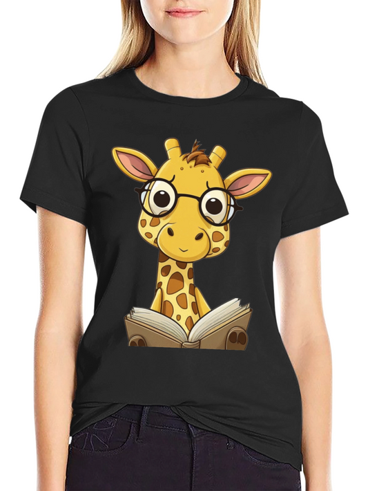 Giraffe Reading Black T-Shirt