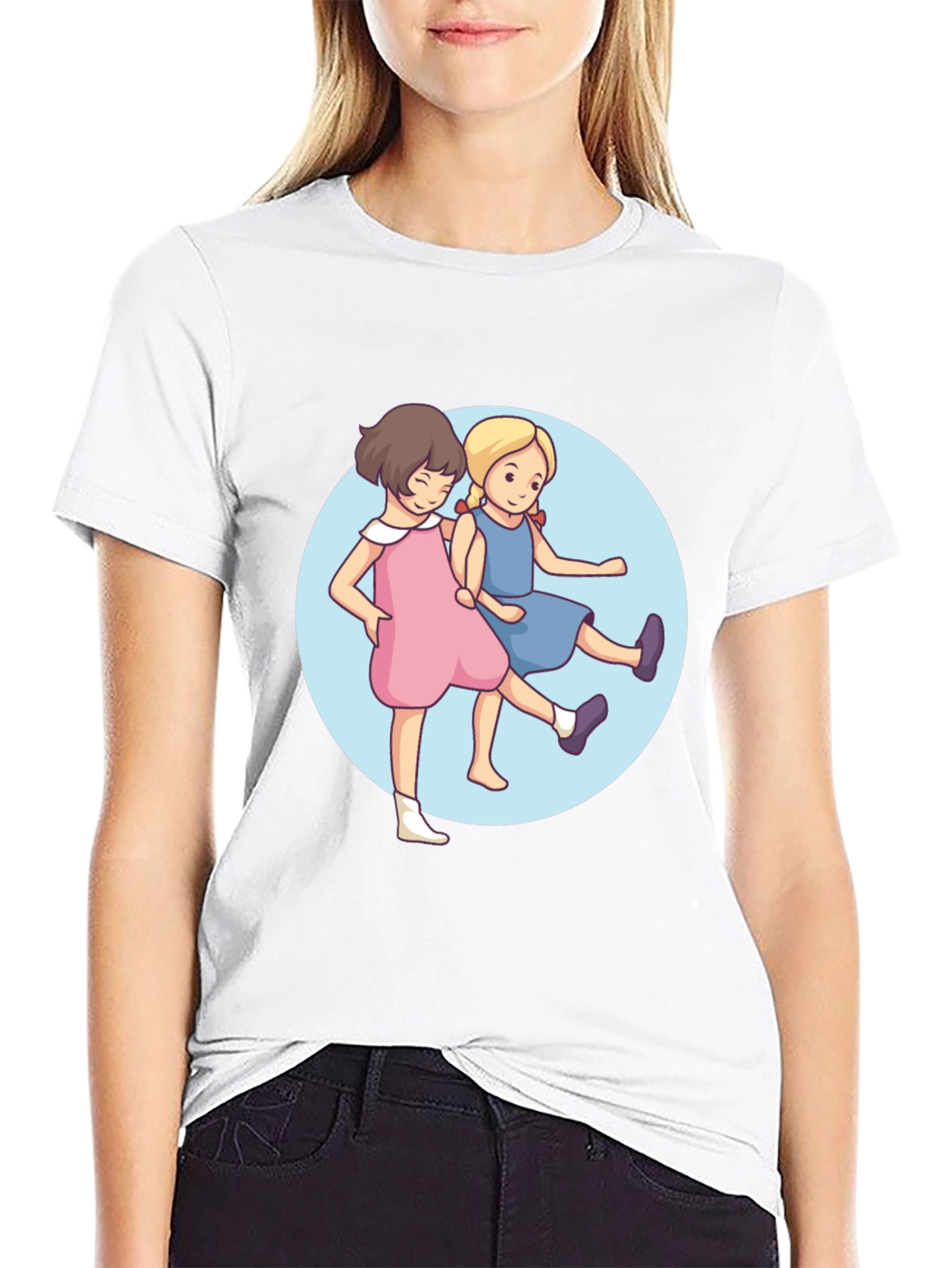 Cute Cartoon Twins Black T-Shirt