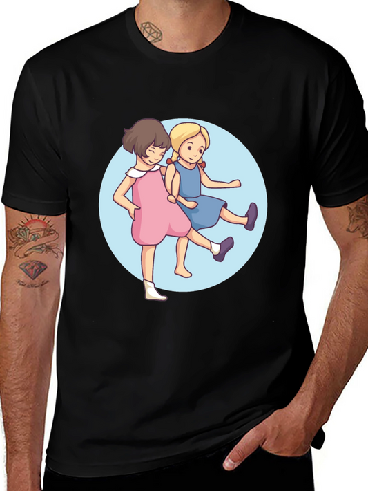 Cute Cartoon Twins Black T-Shirt