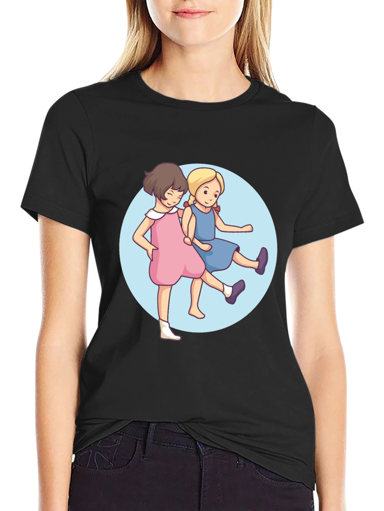Cute Cartoon Twins Black T-Shirt