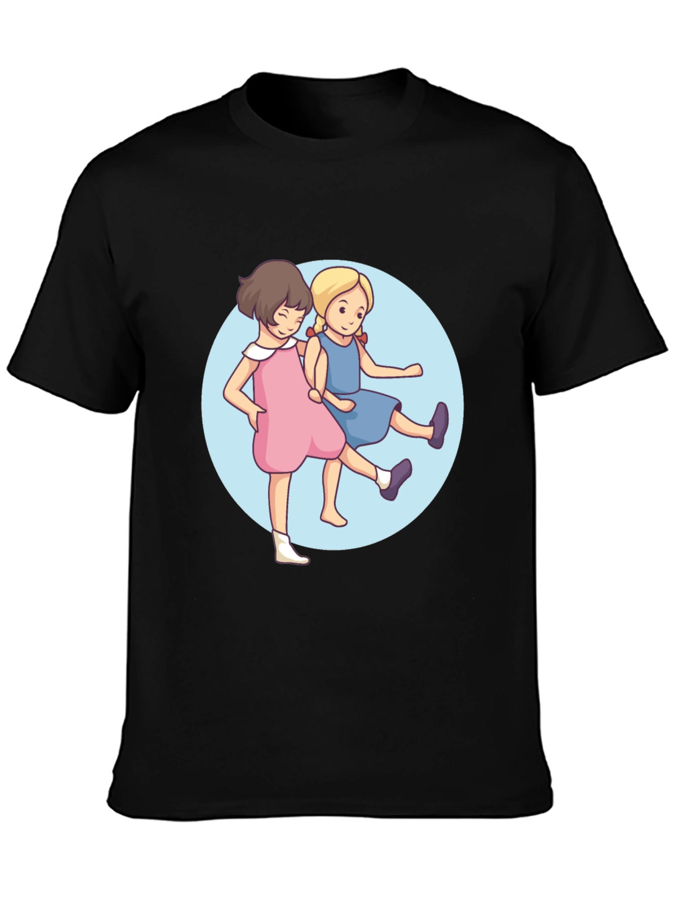Cute Cartoon Twins Black T-Shirt