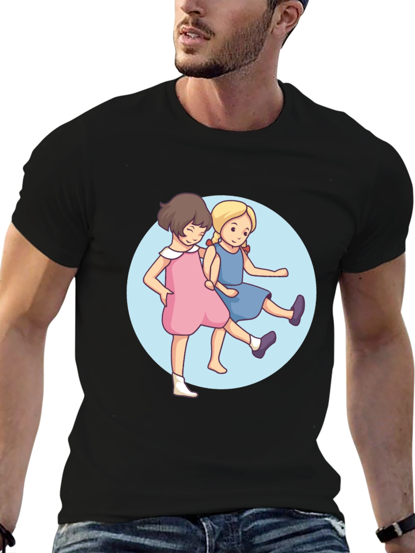 Cute Cartoon Twins Black T-Shirt