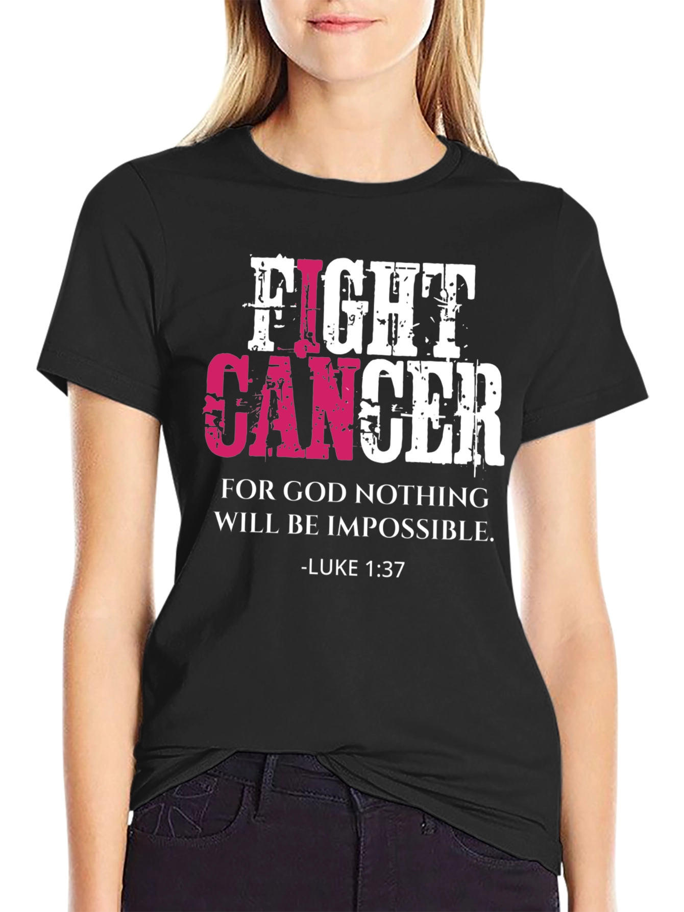 Fight Cancer T-Shirt Luke 1:37 Christian Faith