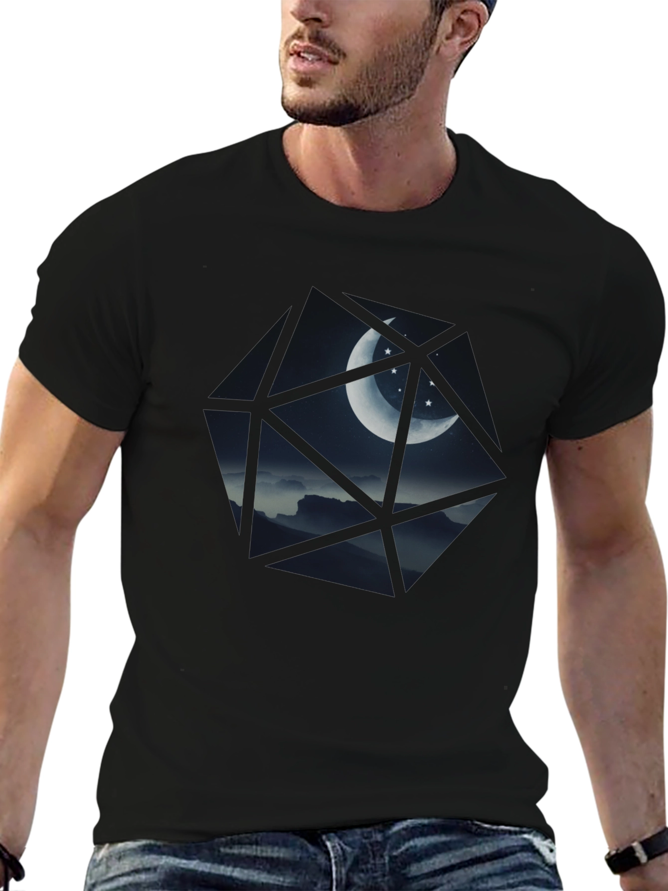 Geometric Moon & Stars Black T-Shirt