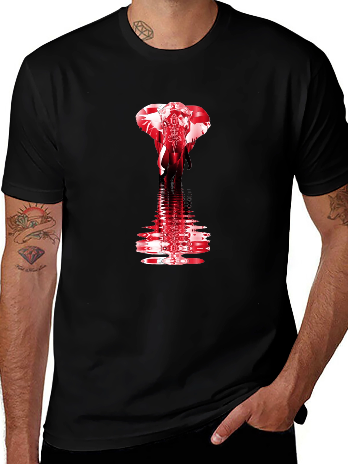 Red Elephant Graphic Print Black T-Shirt