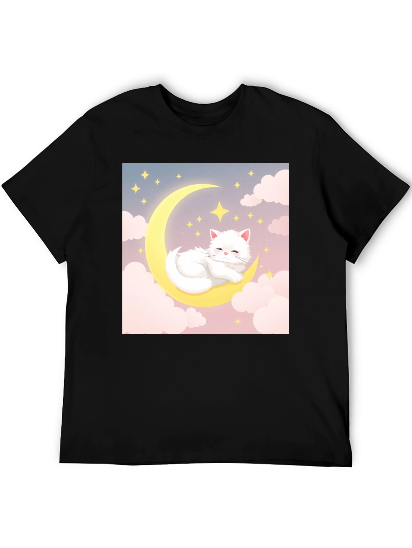 Cute Cat on Moon Black T-Shirt