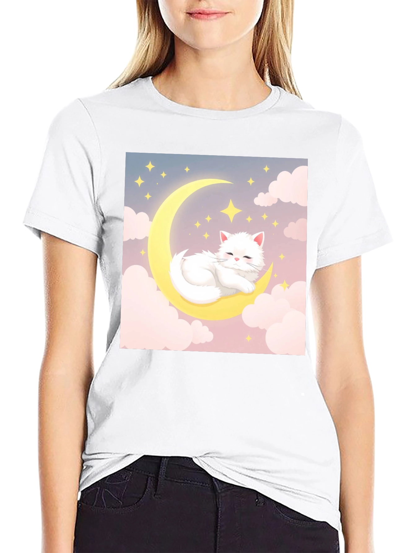Cute Cat on Moon Black T-Shirt
