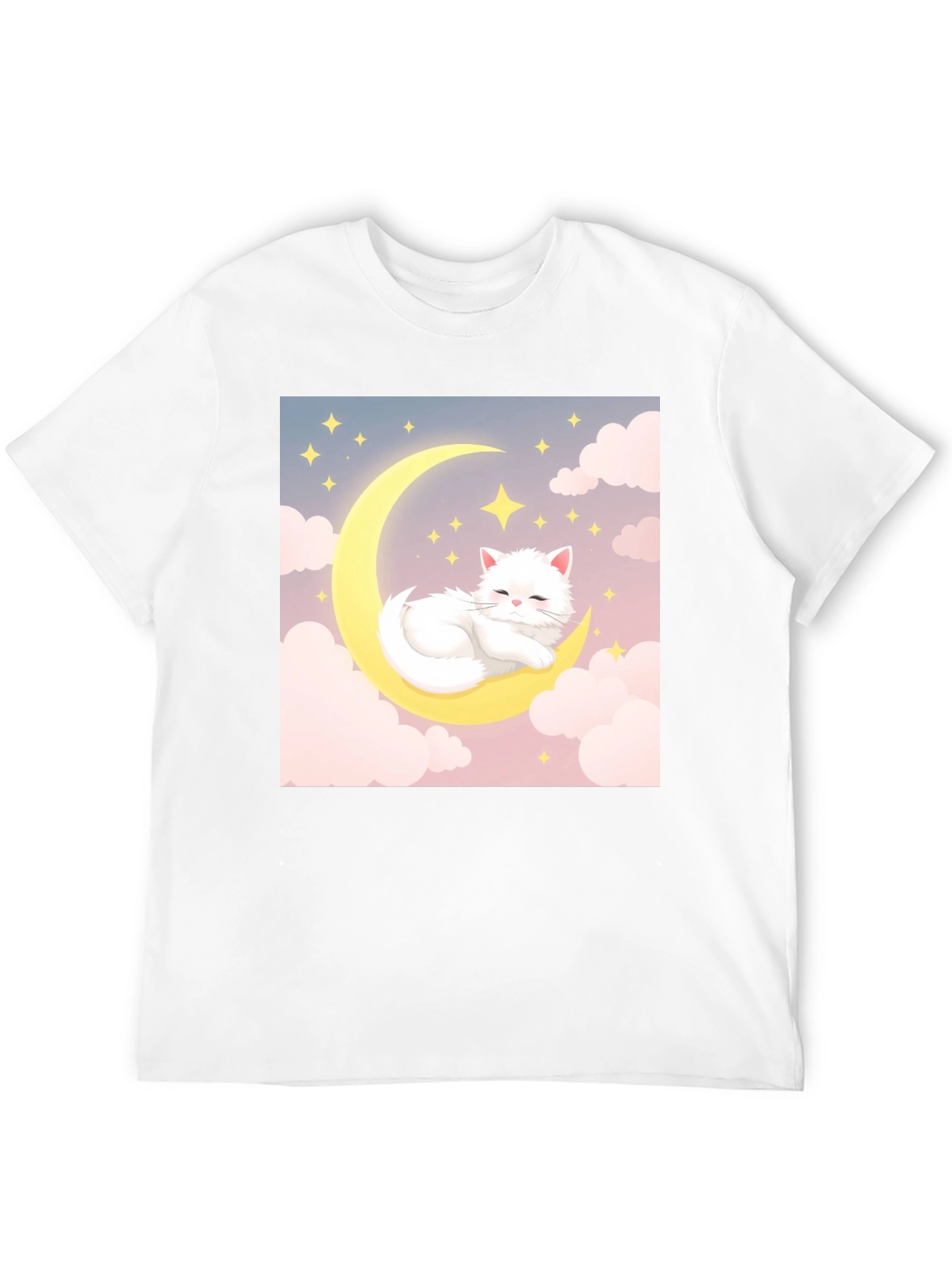 Cute Cat on Moon Black T-Shirt
