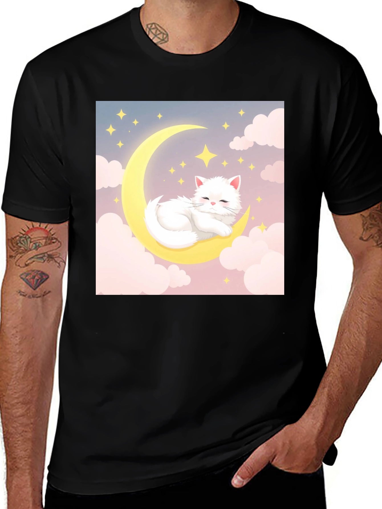 Cute Cat on Moon Black T-Shirt