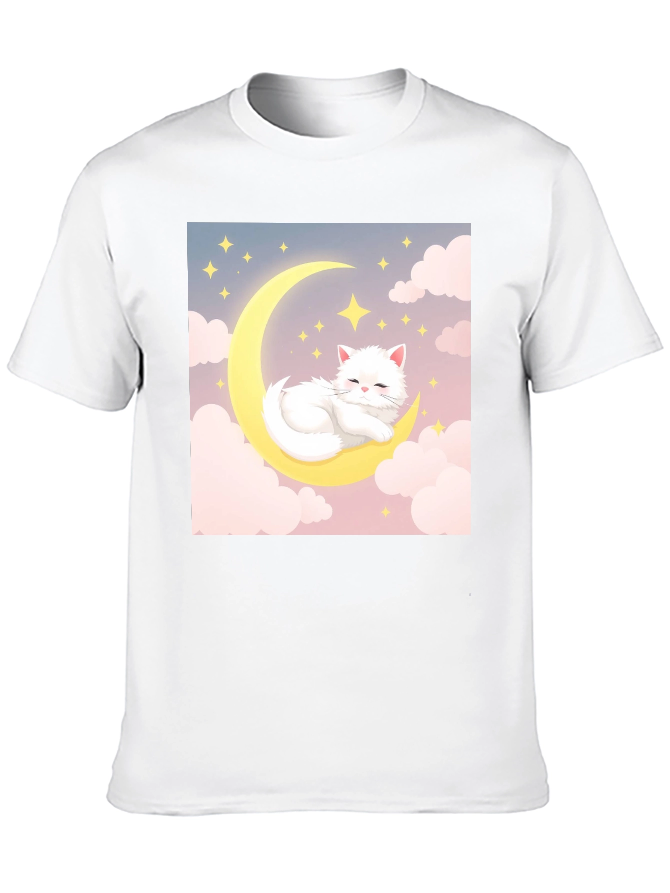 Cute Cat on Moon Black T-Shirt