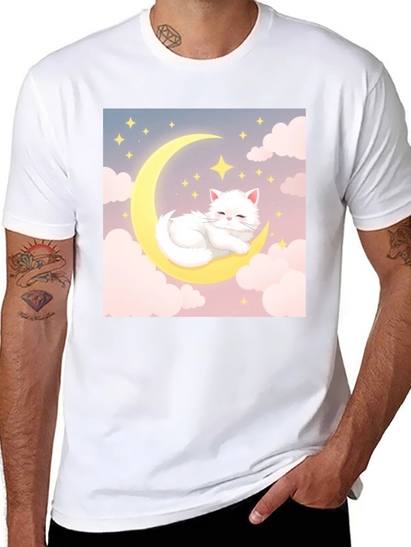 Cute Cat on Moon Black T-Shirt