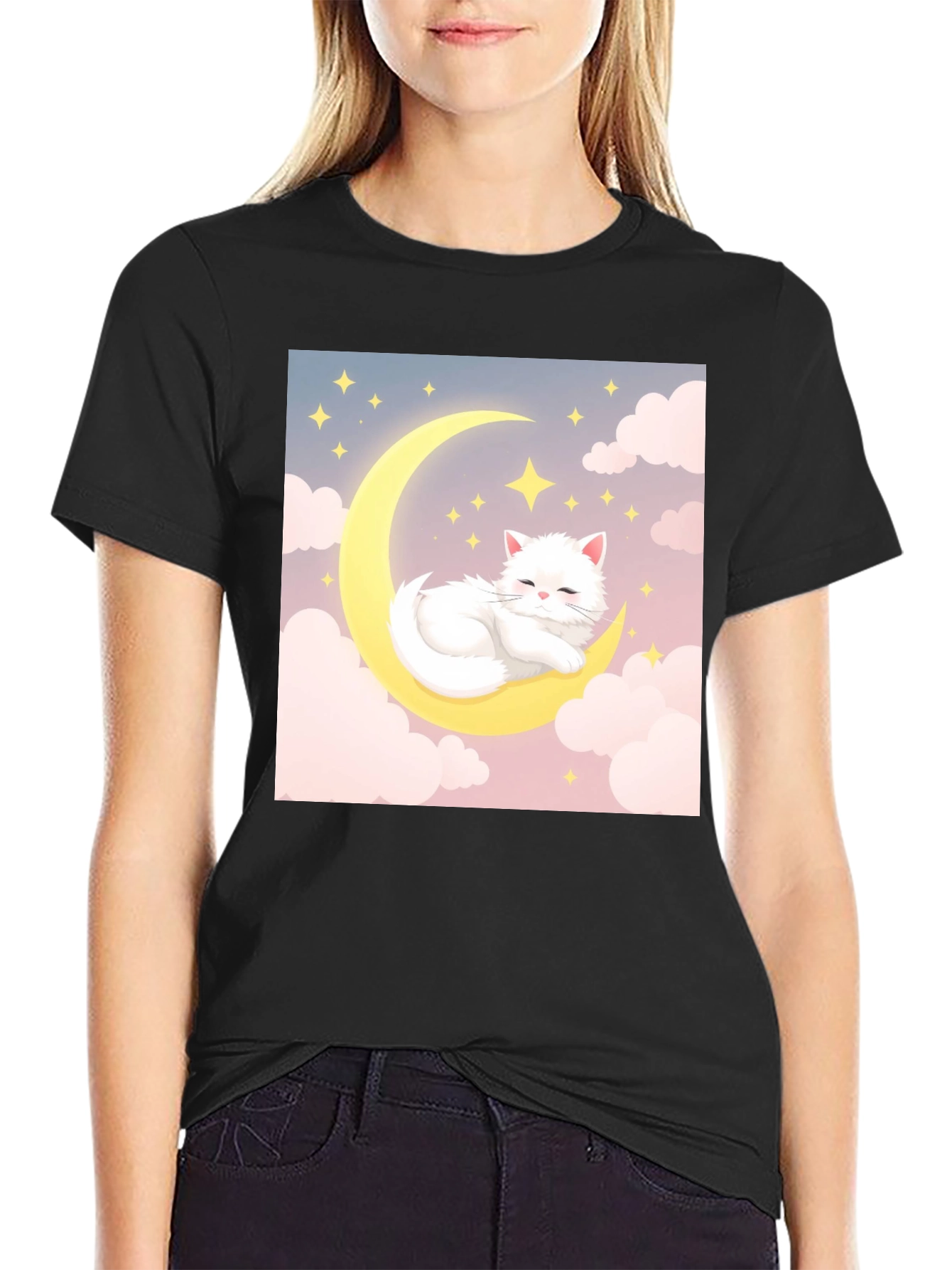 Cute Cat on Moon Black T-Shirt