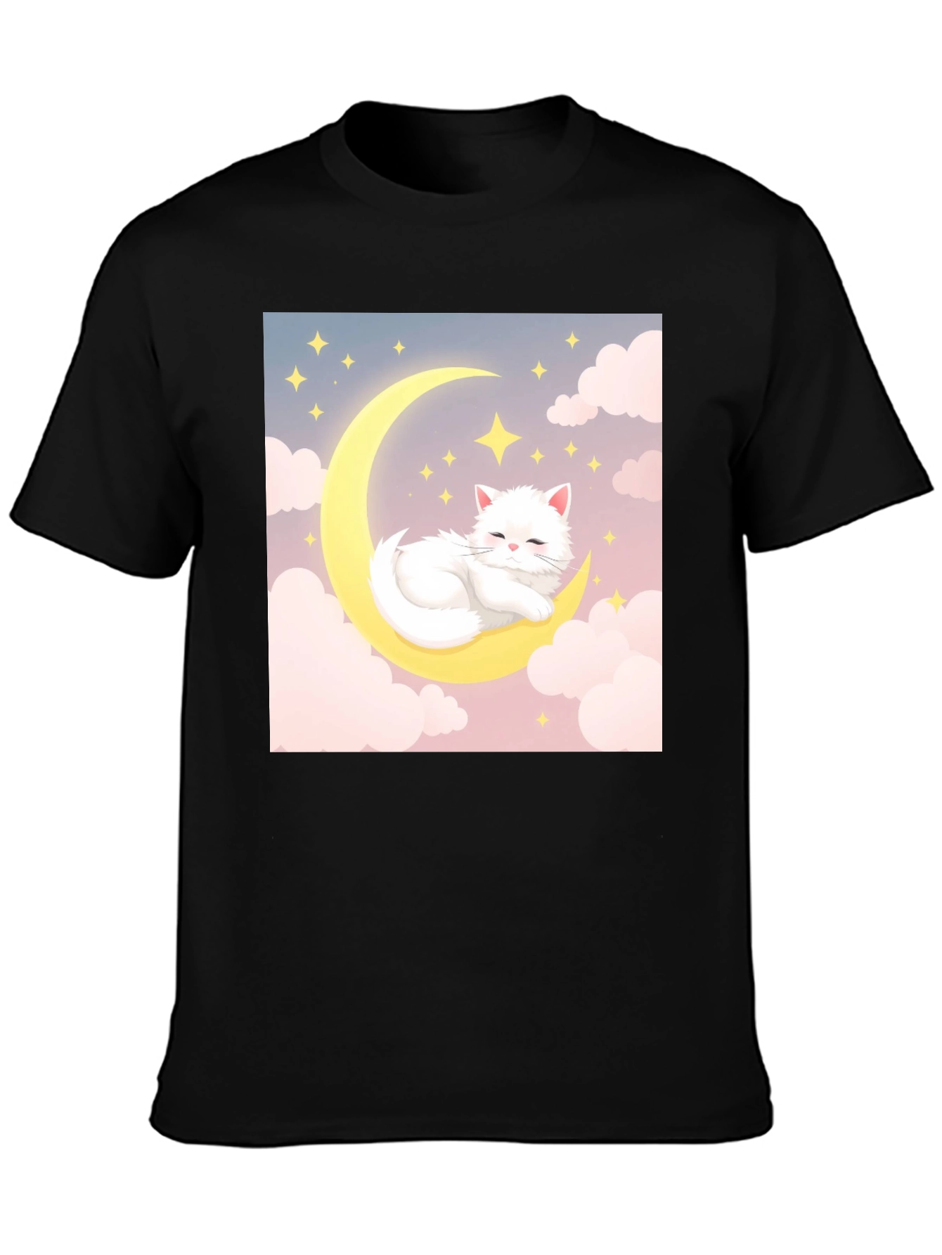 Cute Cat on Moon Black T-Shirt