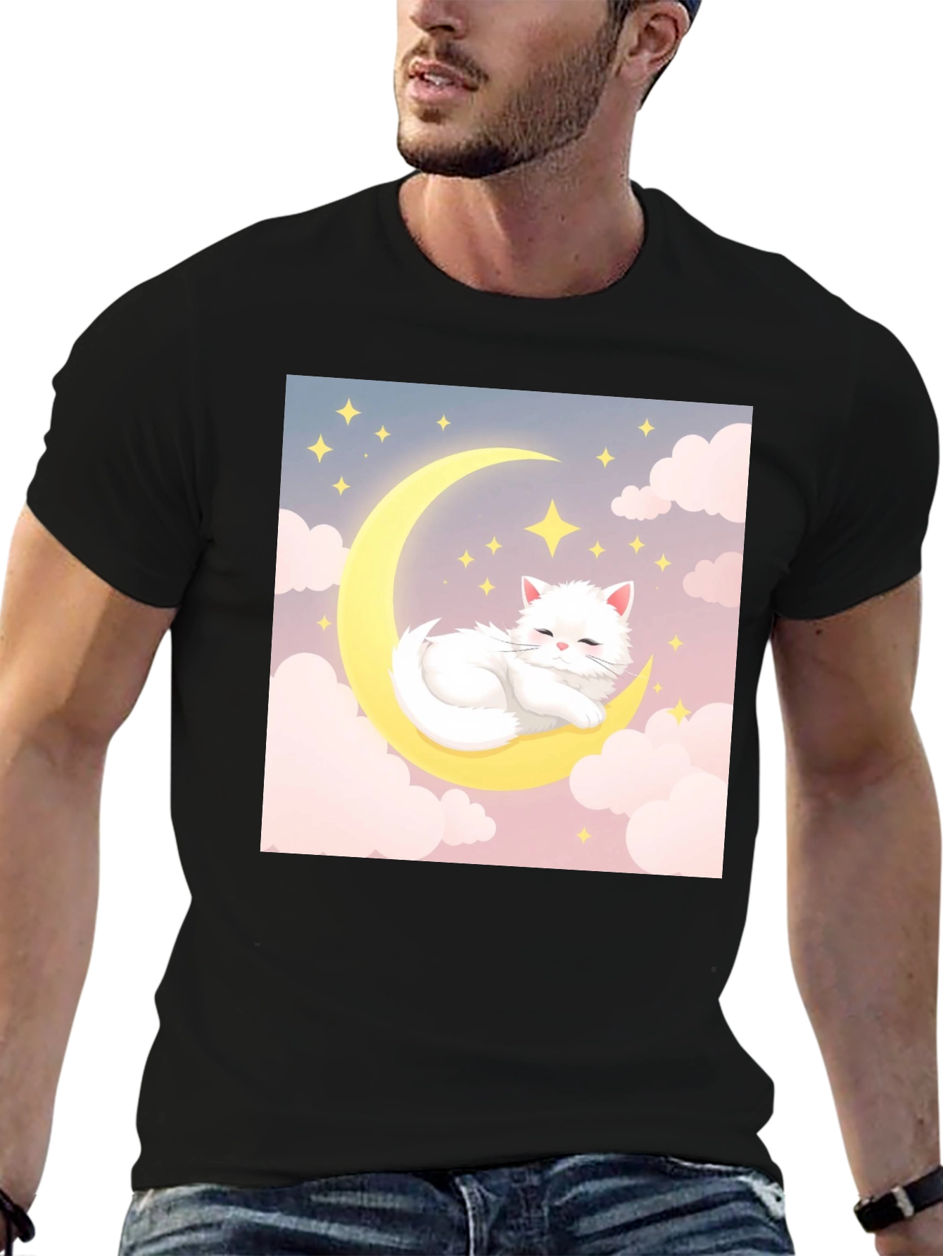 Cute Cat on Moon Black T-Shirt