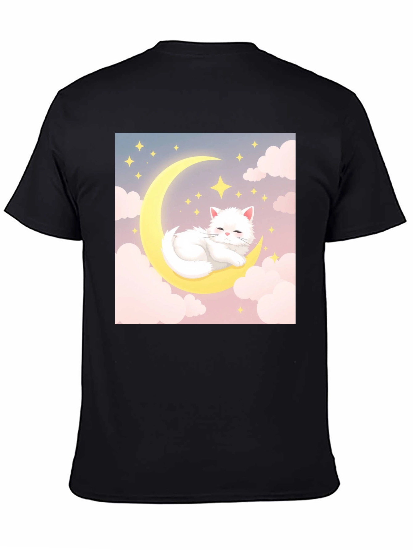 Cute Cat on Moon Black T-Shirt
