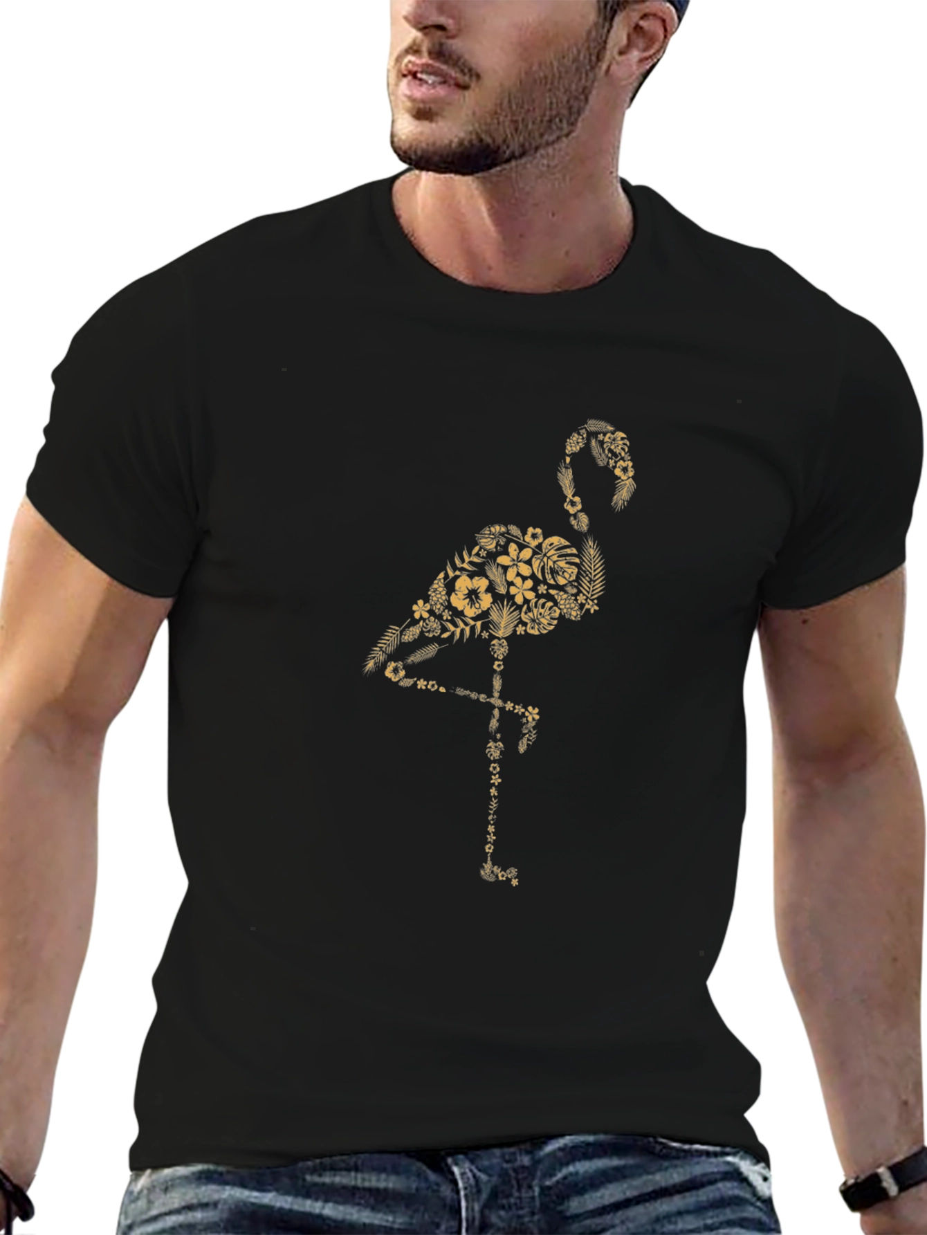Floral Flamingo Graphic Black T-Shirt