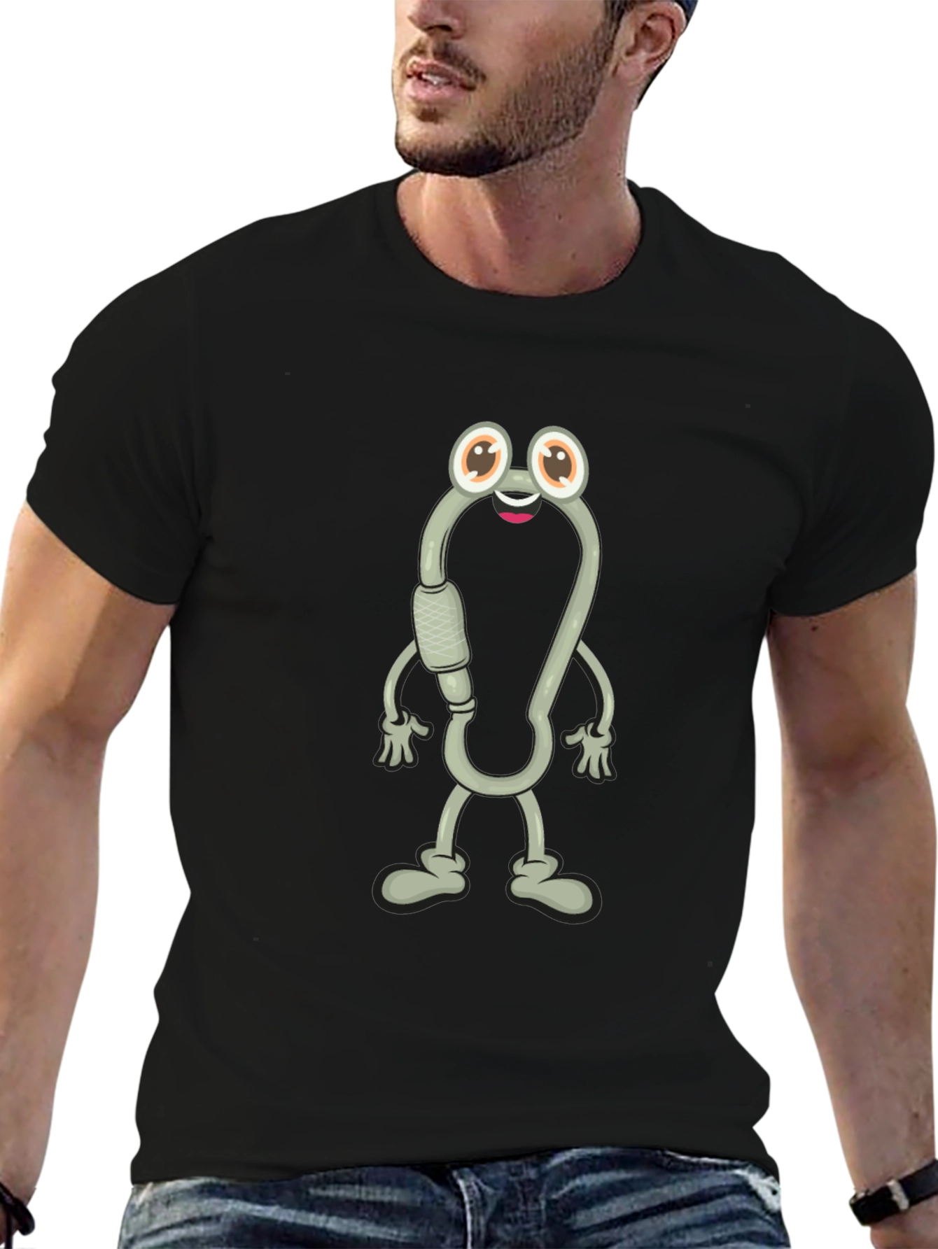 Cartoon Carabiner Character Black T-Shirt