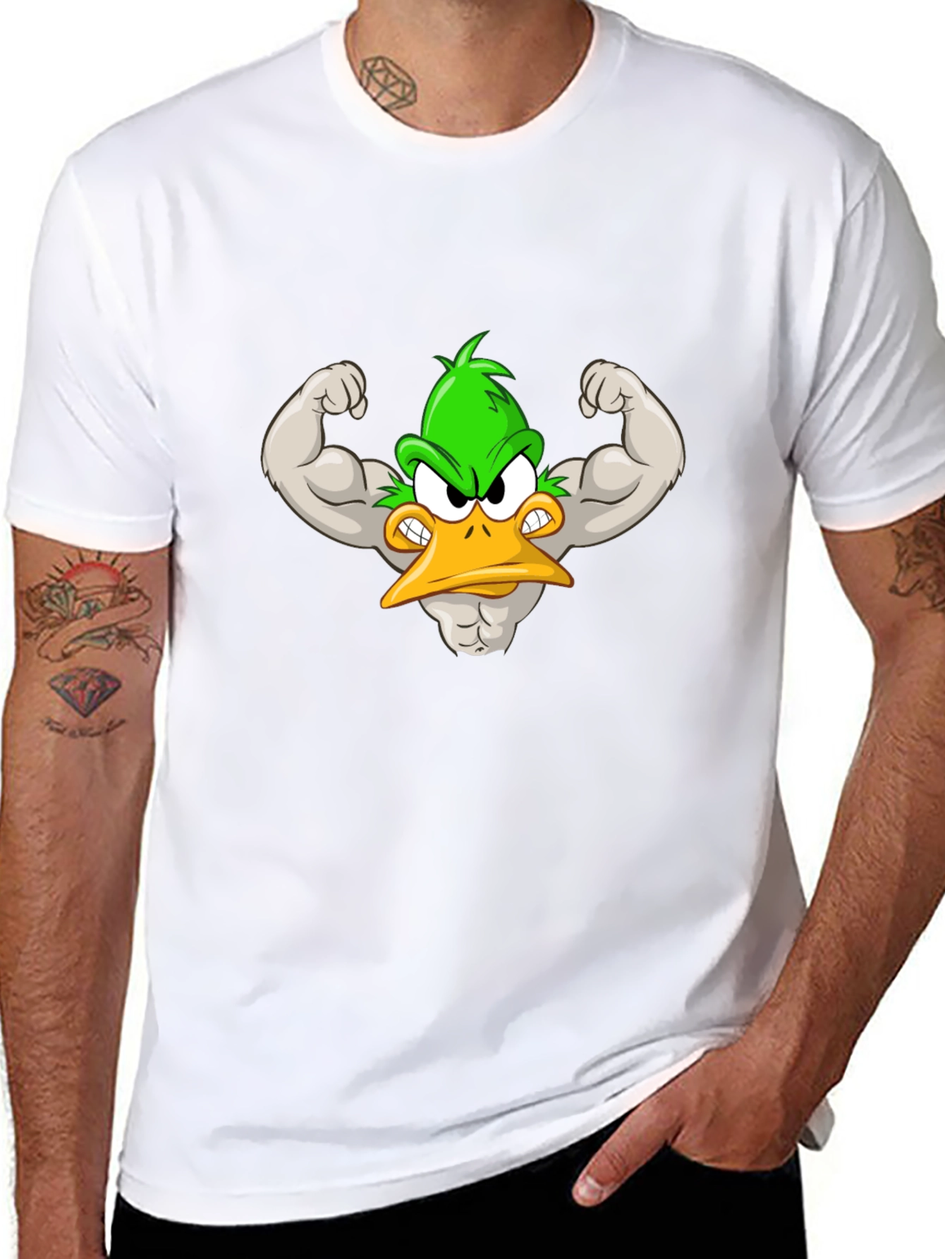 Muscular Cartoon Duck Graphic Tee - Black Cotton Shirt
