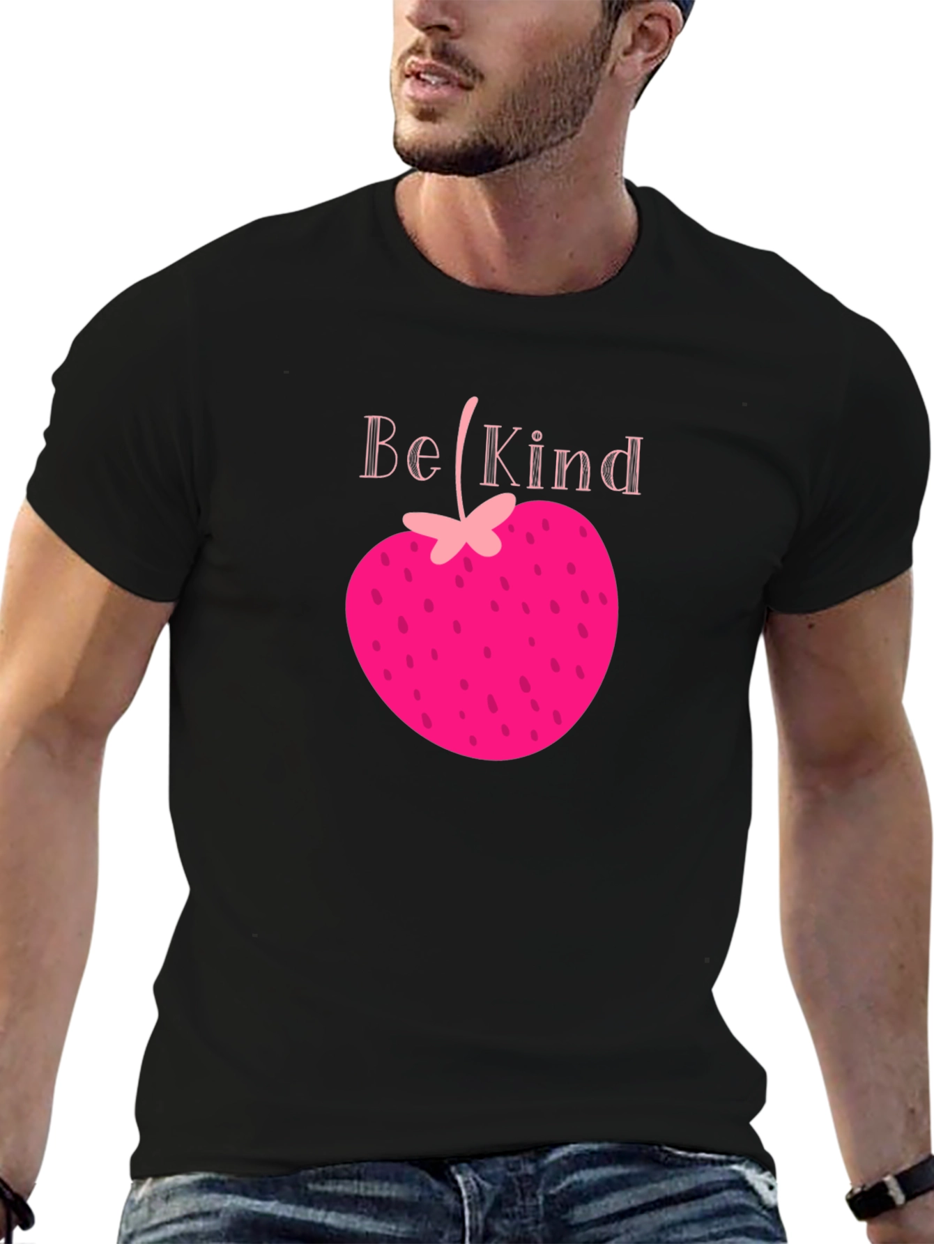 Be Kind Strawberry Heart Tee - Black Graphic T-Shirt