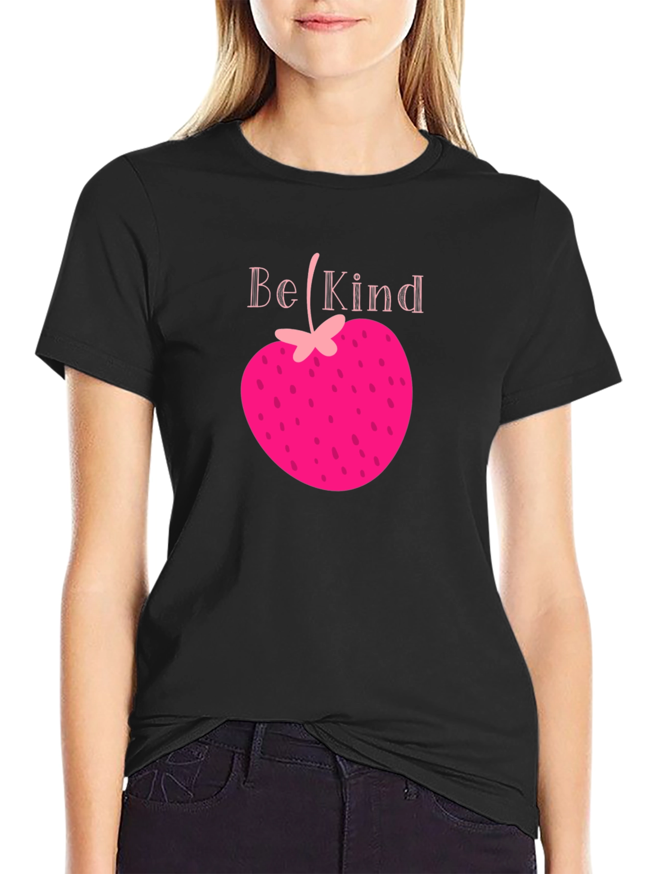 Be Kind Strawberry Heart Tee - Black Graphic T-Shirt