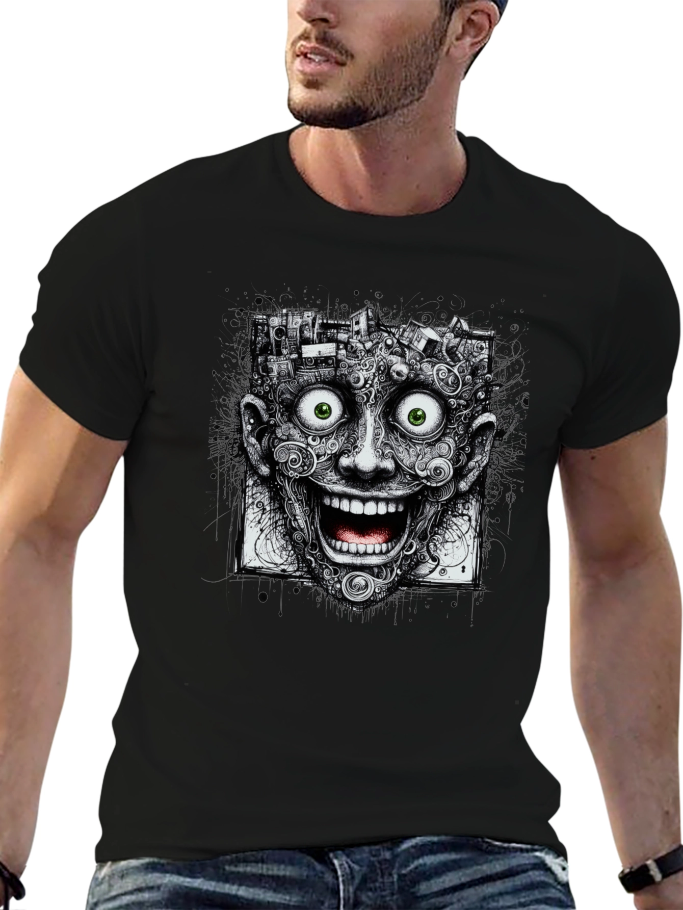 Surreal Grinning Face Graphic Tee - Black