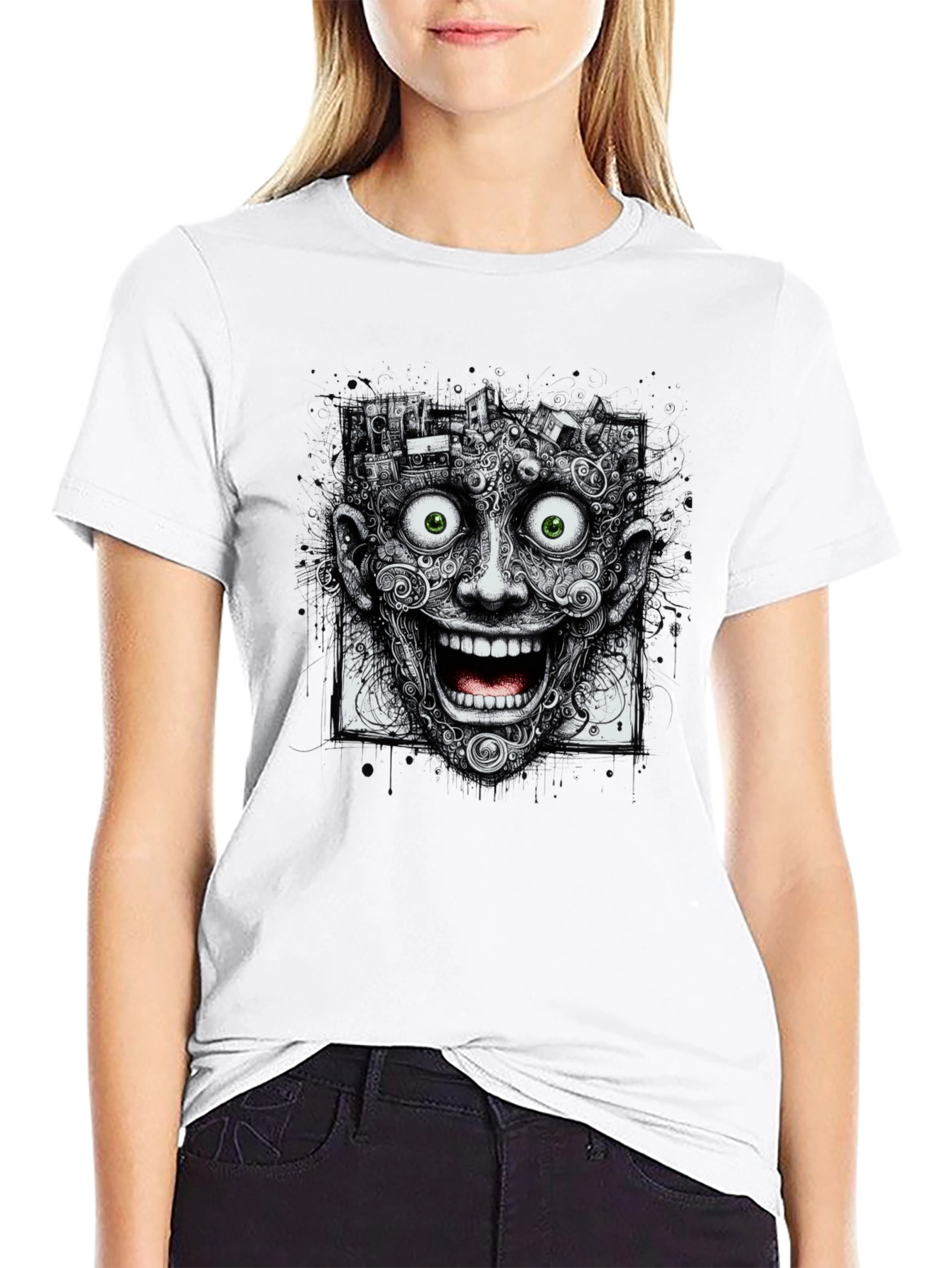 Surreal Grinning Face Graphic Tee - Black