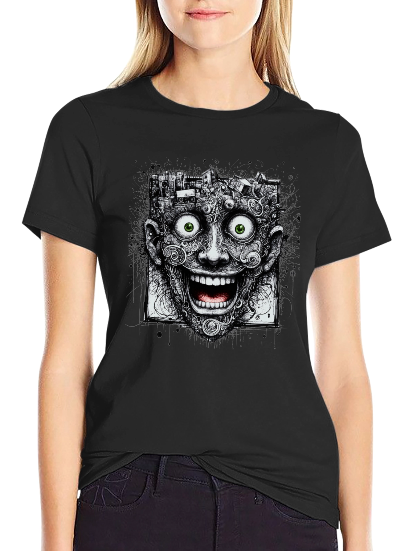 Surreal Grinning Face Graphic Tee - Black