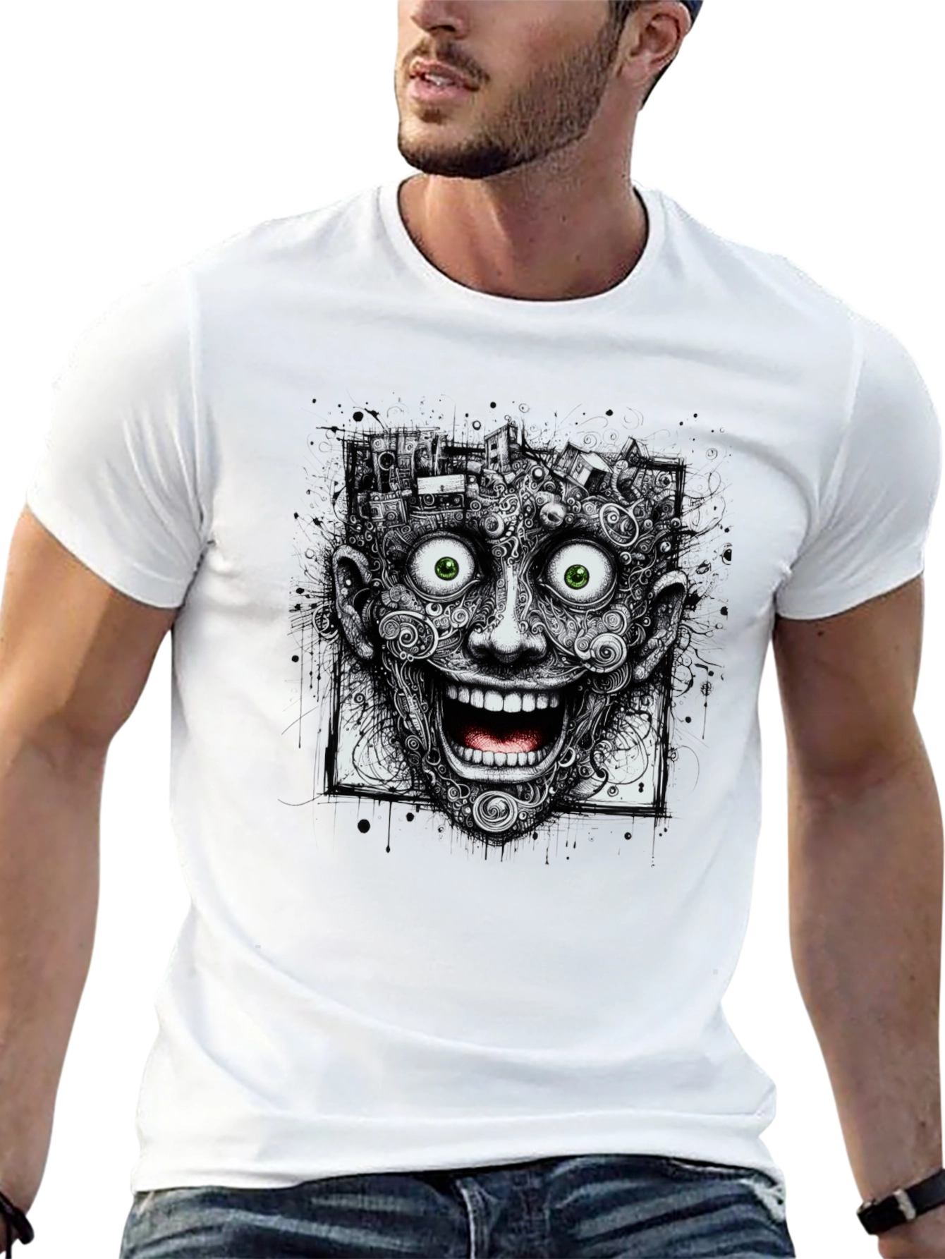 Surreal Grinning Face Graphic Tee - Black