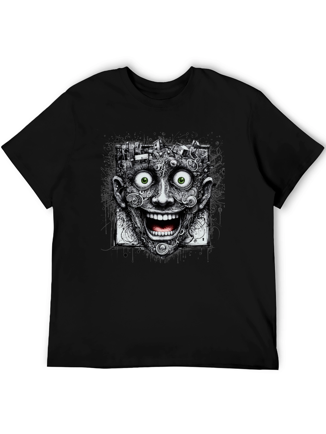 Surreal Grinning Face Graphic Tee - Black