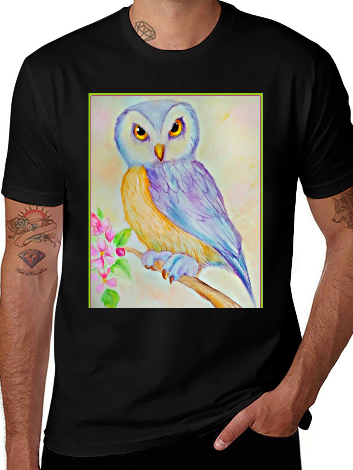 Owl Art Print Graphic Tee - Unisex Black T-Shirt