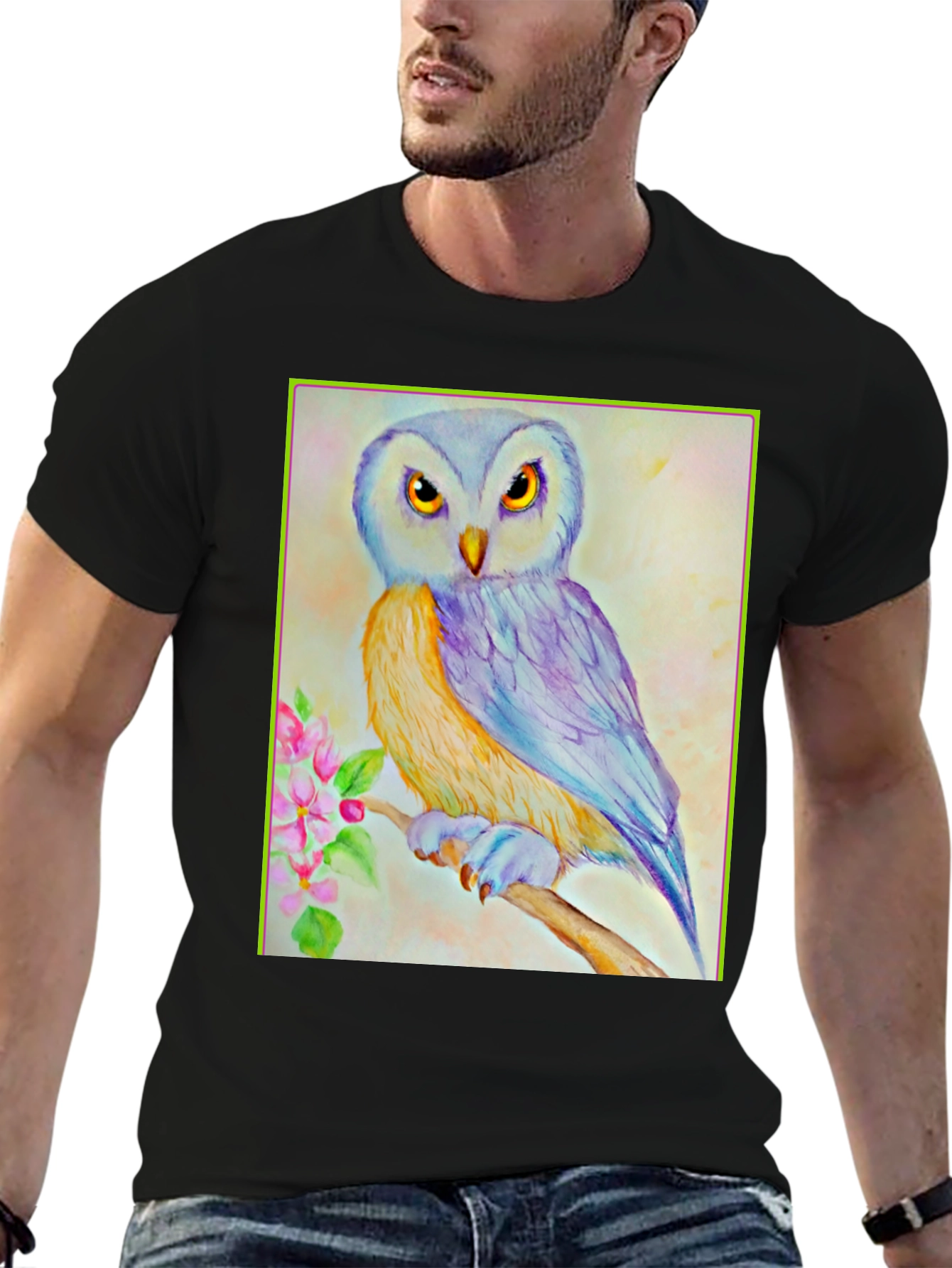 Owl Art Print Graphic Tee - Unisex Black T-Shirt