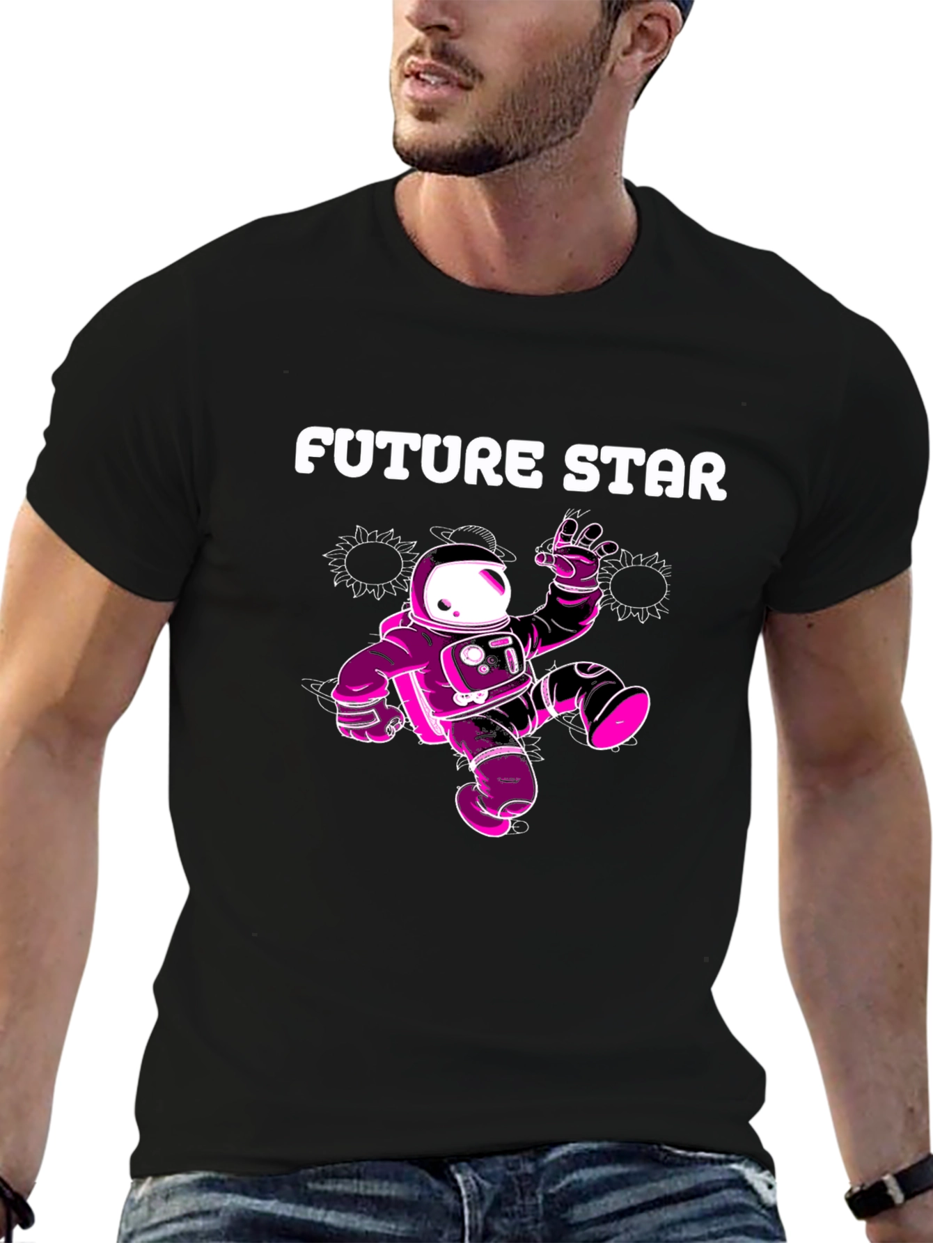 Future Star Graphic Tee - Black Cotton Astronaut T-Shirt