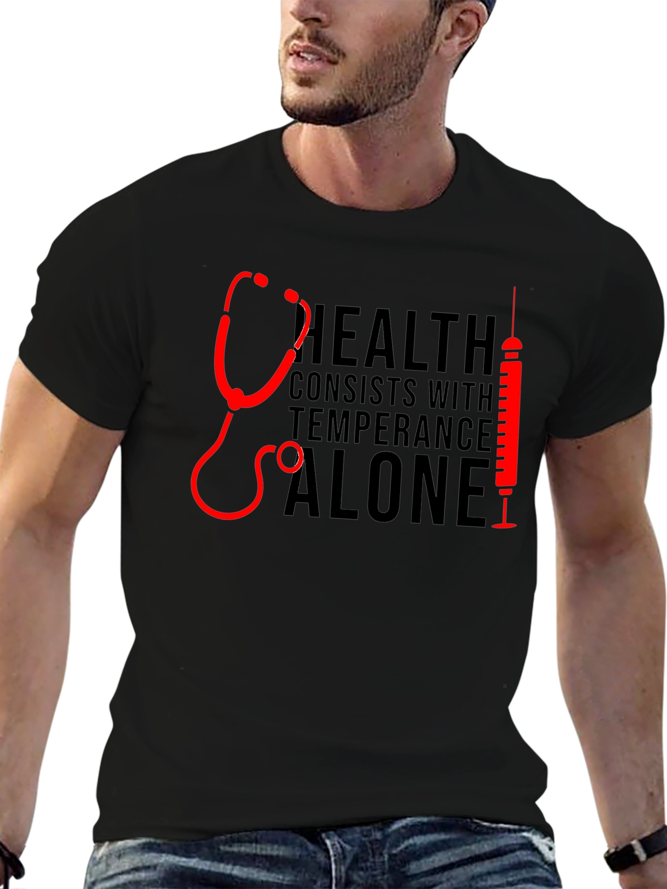 Health Stethoscope & Syringe Black T-Shirt
