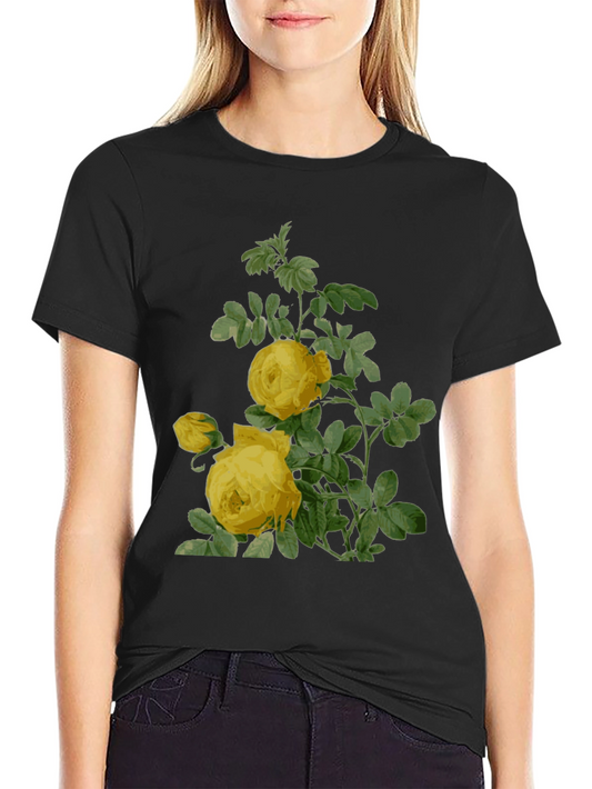 Botanical Yellow Rose Print Black T-Shirt