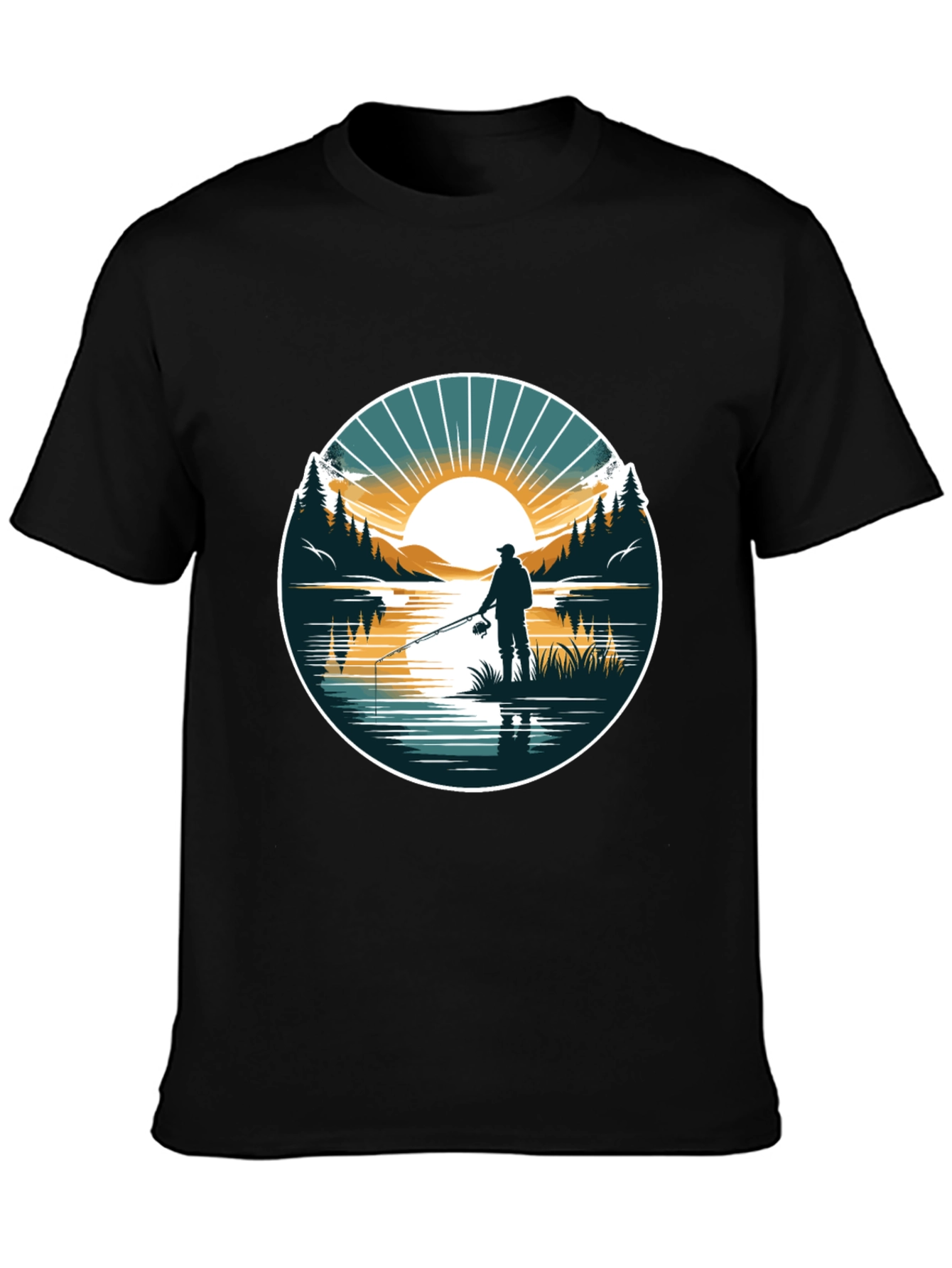 Fishing Scene Graphic Tee - Nature Lovers Black T-Shirt
