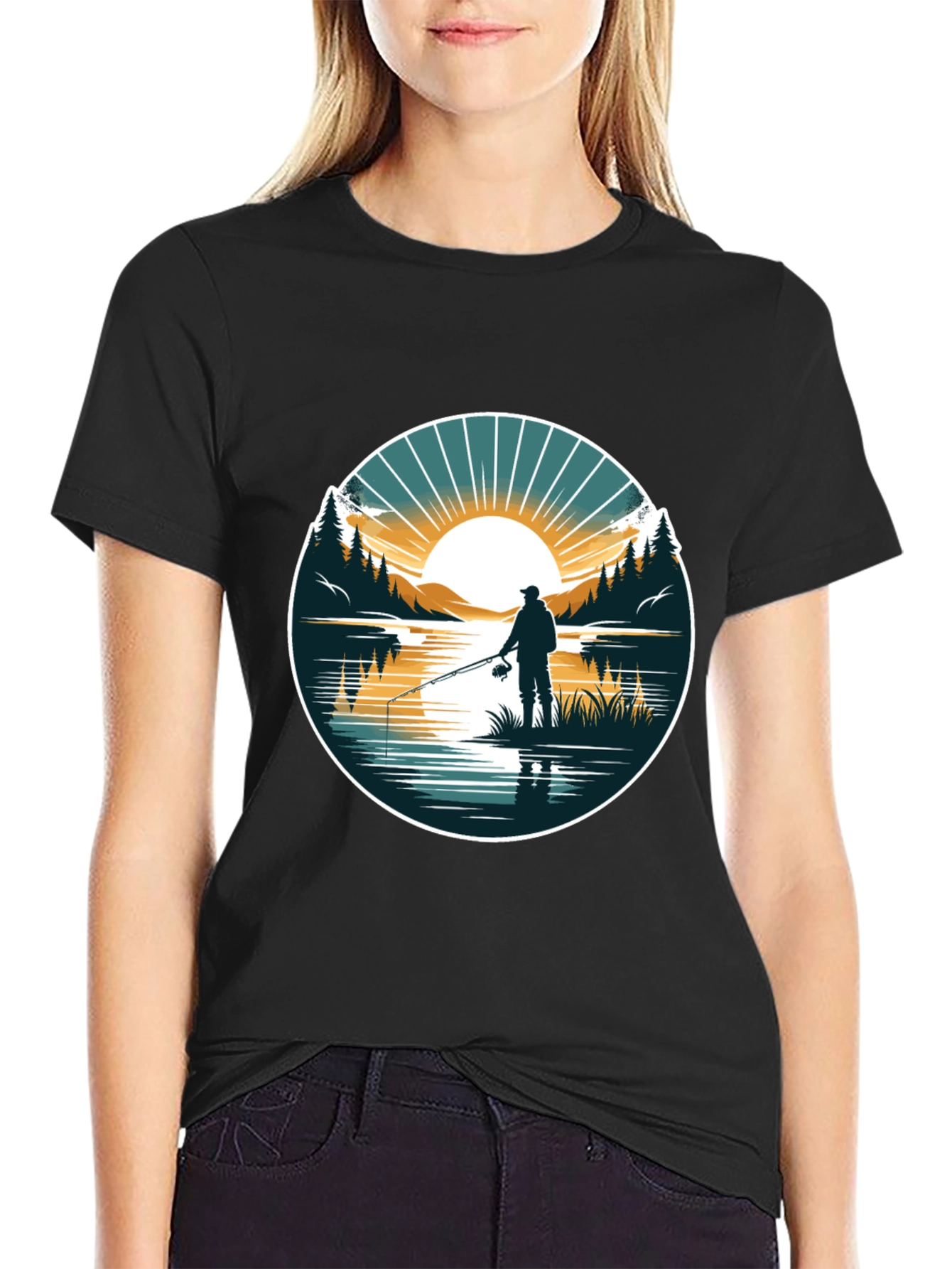 Fishing Scene Graphic Tee - Nature Lovers Black T-Shirt