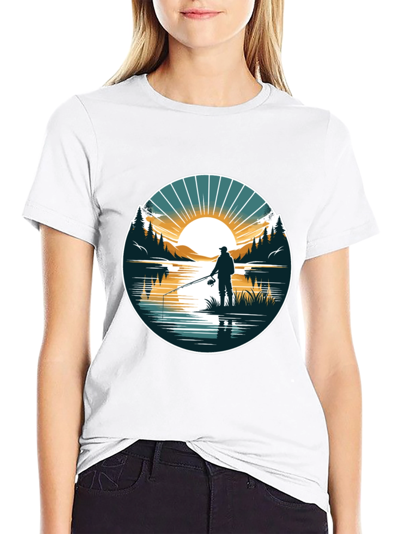 Fishing Scene Graphic Tee - Nature Lovers Black T-Shirt