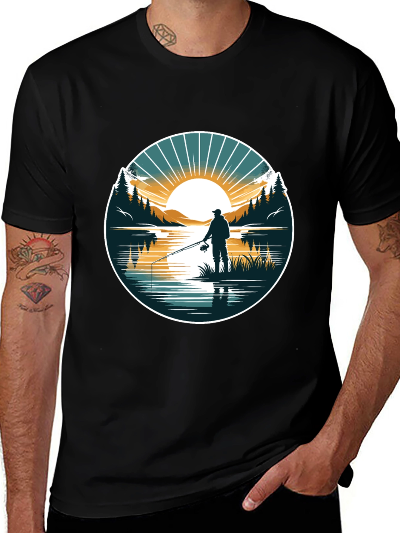 Fishing Scene Graphic Tee - Nature Lovers Black T-Shirt