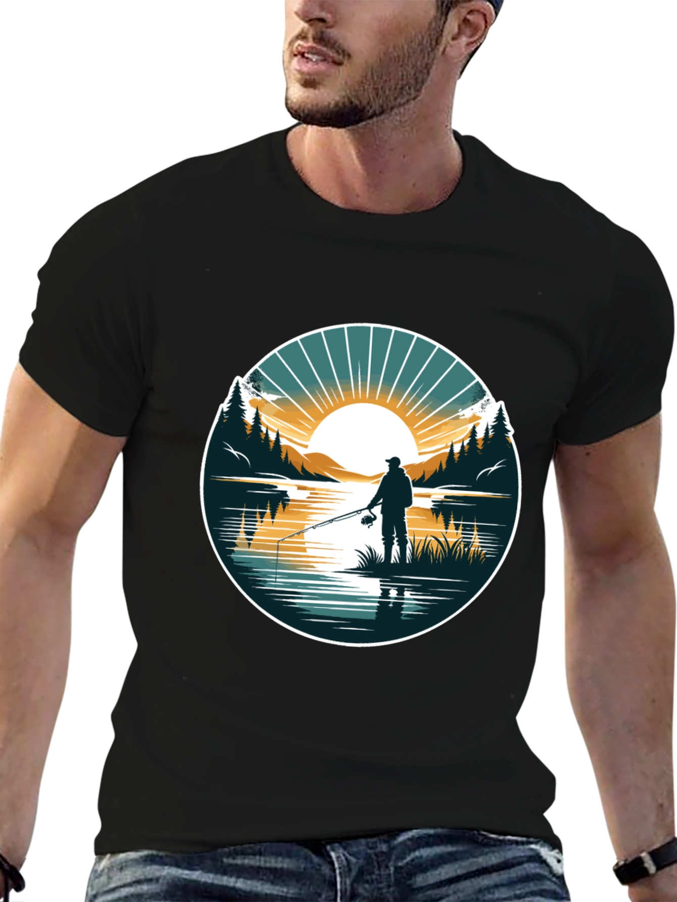 Fishing Scene Graphic Tee - Nature Lovers Black T-Shirt