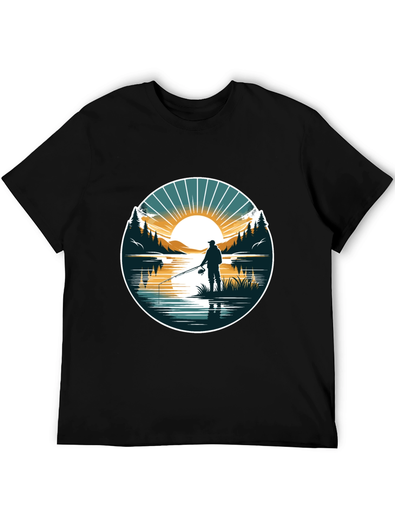 Fishing Scene Graphic Tee - Nature Lovers Black T-Shirt