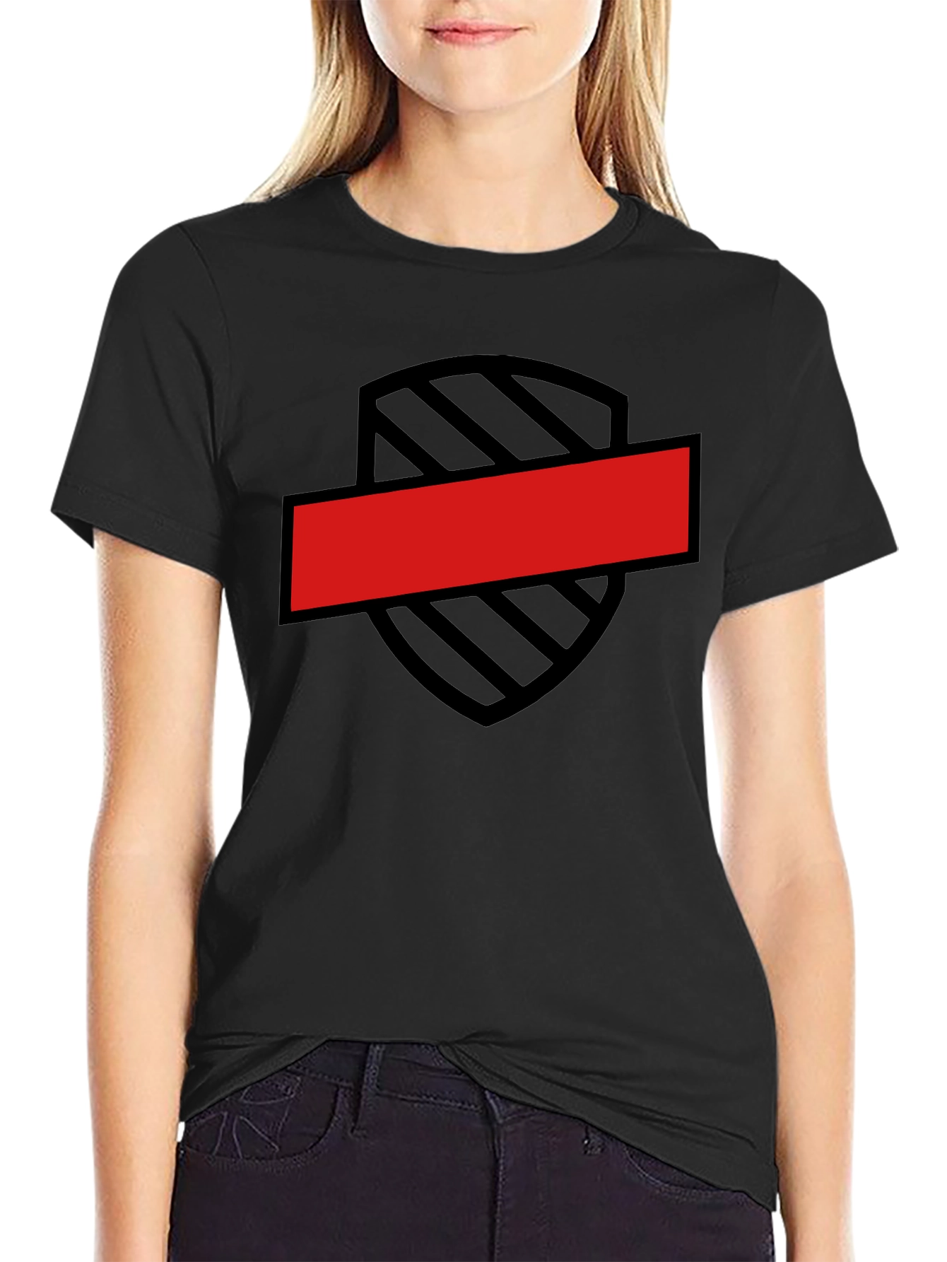 Black T-Shirt with Shield and Red Bar Design