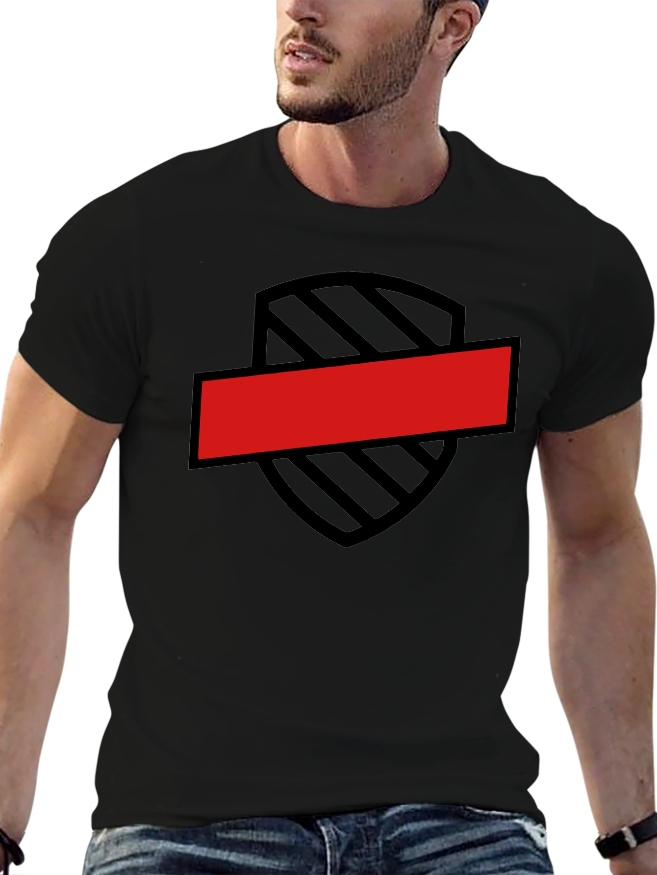 Black T-Shirt with Shield and Red Bar Design