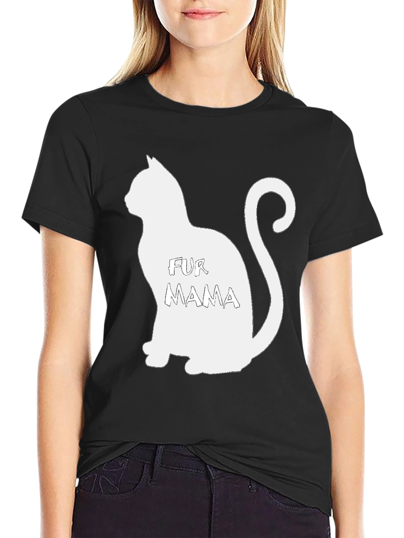 Fur Mama Cat Silhouette Black T-Shirt