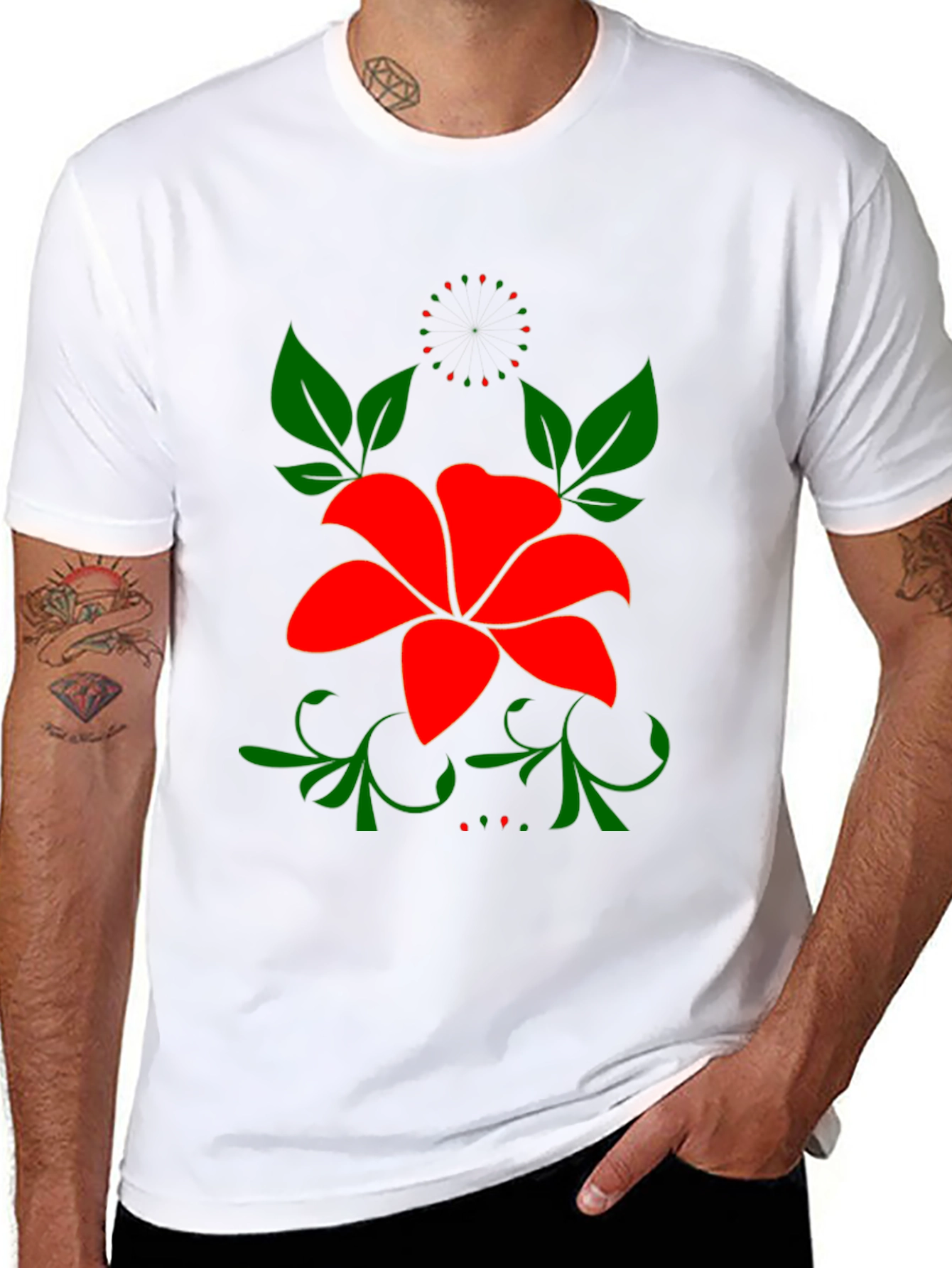 Floral Black T-Shirt - Bold Red Flower Design