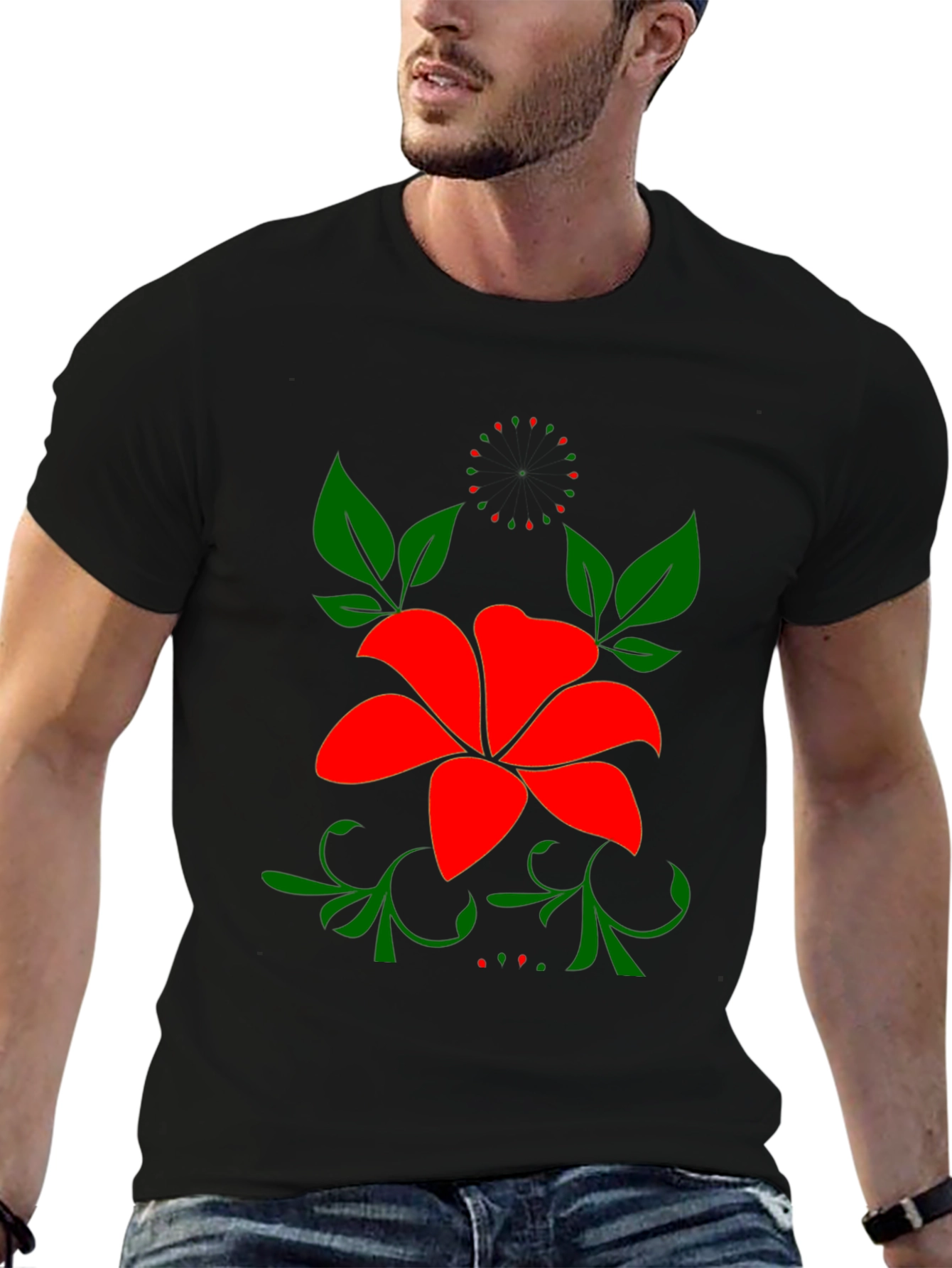 Floral Black T-Shirt - Bold Red Flower Design