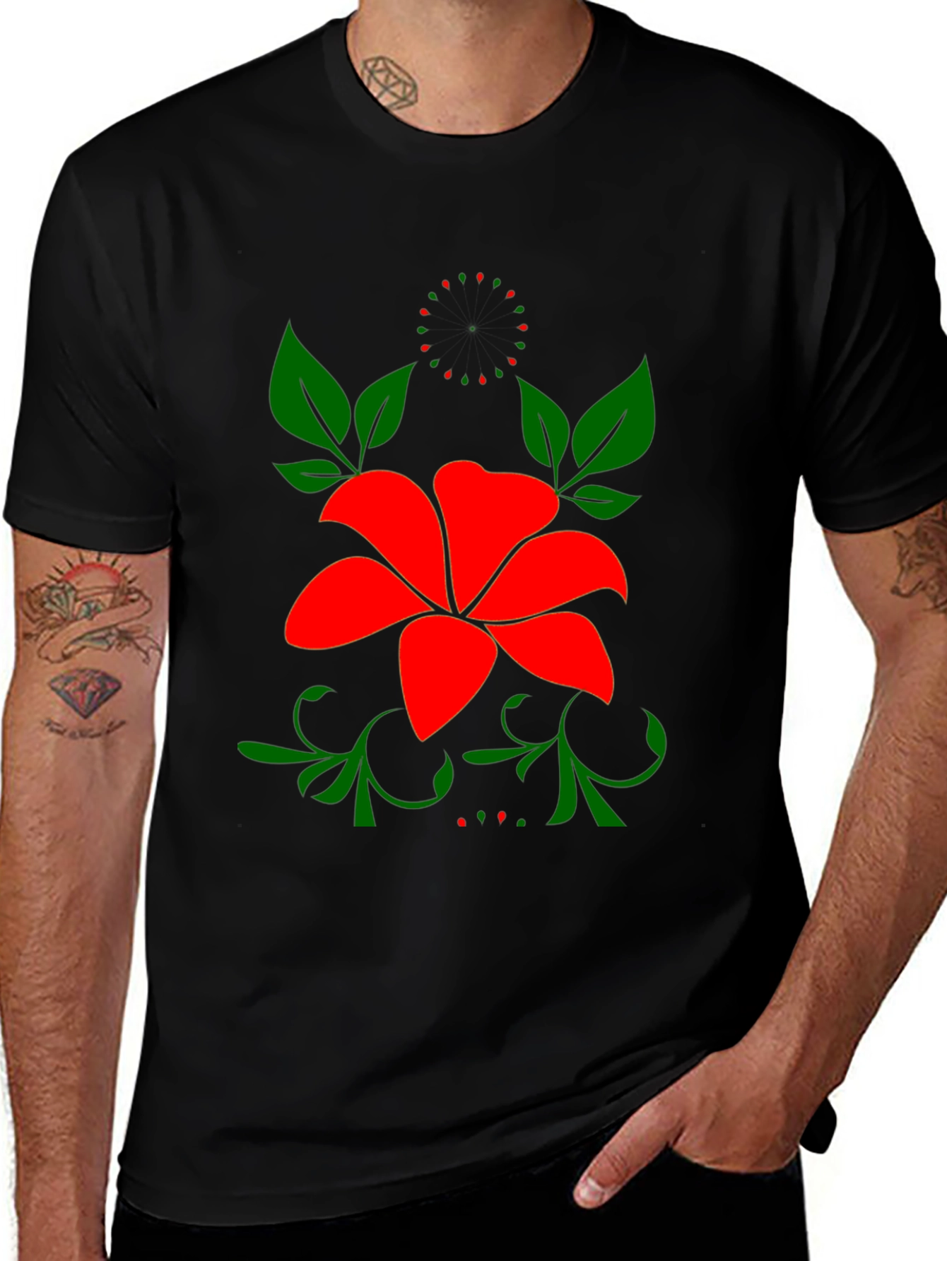 Floral Black T-Shirt - Bold Red Flower Design